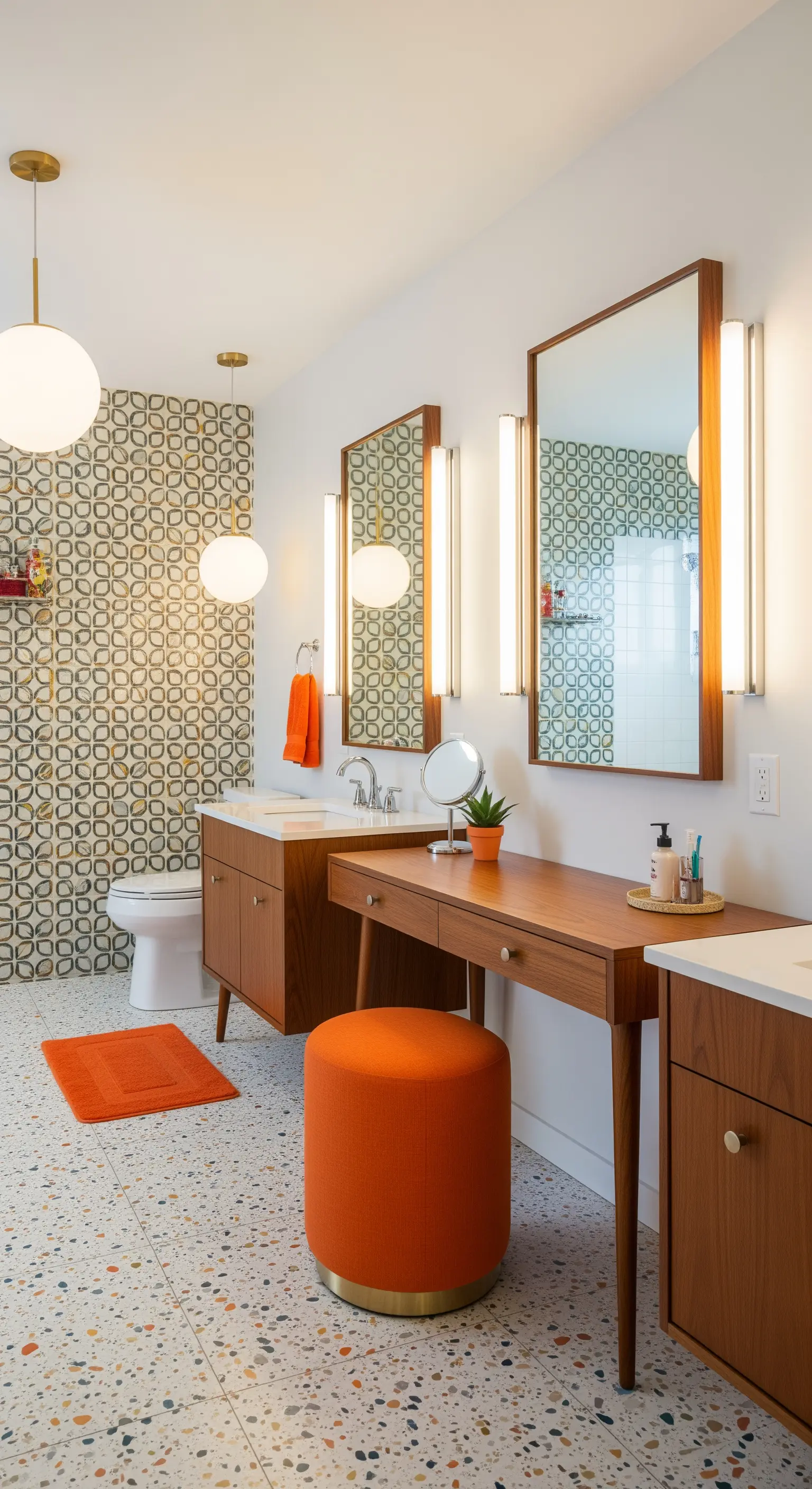 Bagno Mid-Century con mobile in legno, pouf arancione e piastrelle geometriche.