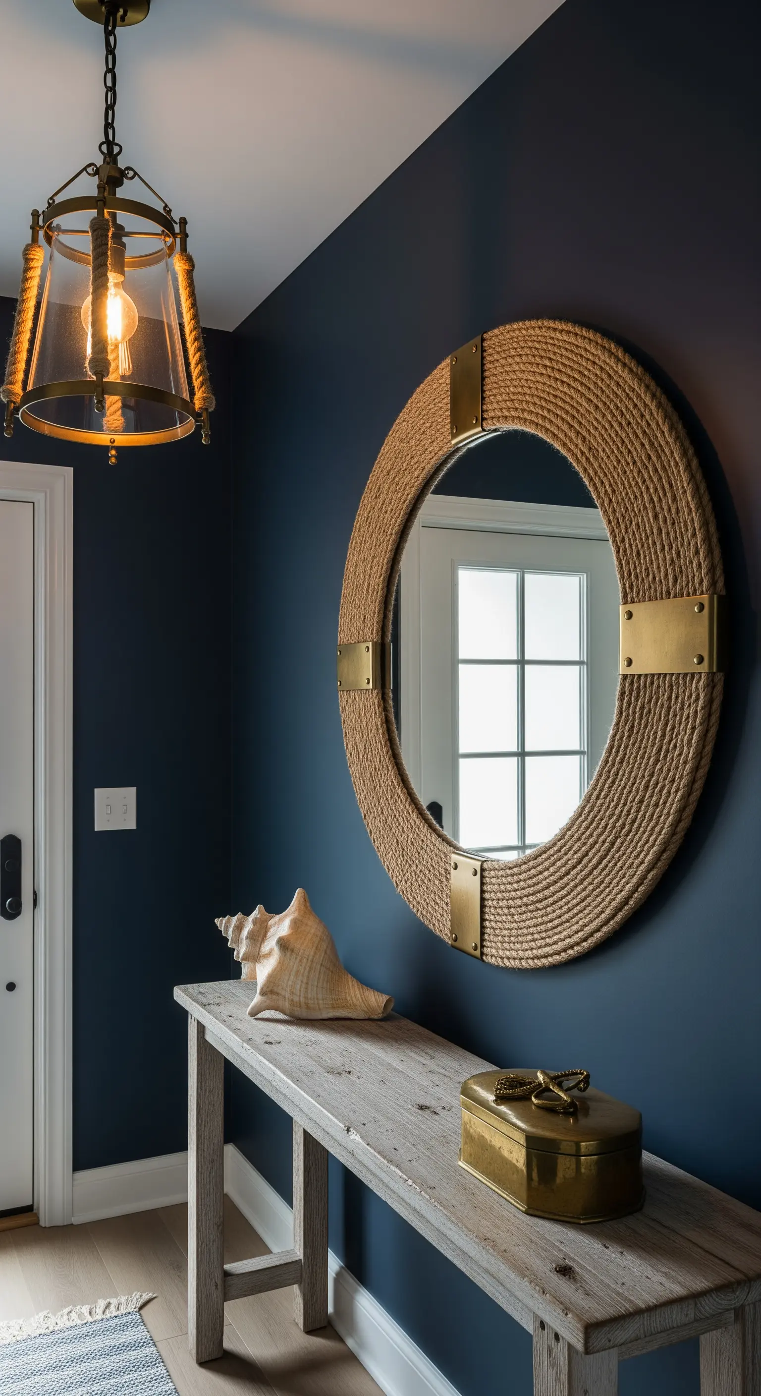 Parete blu navy con specchio rotondo incorniciato da corda e consolle in legno sbiancato.
