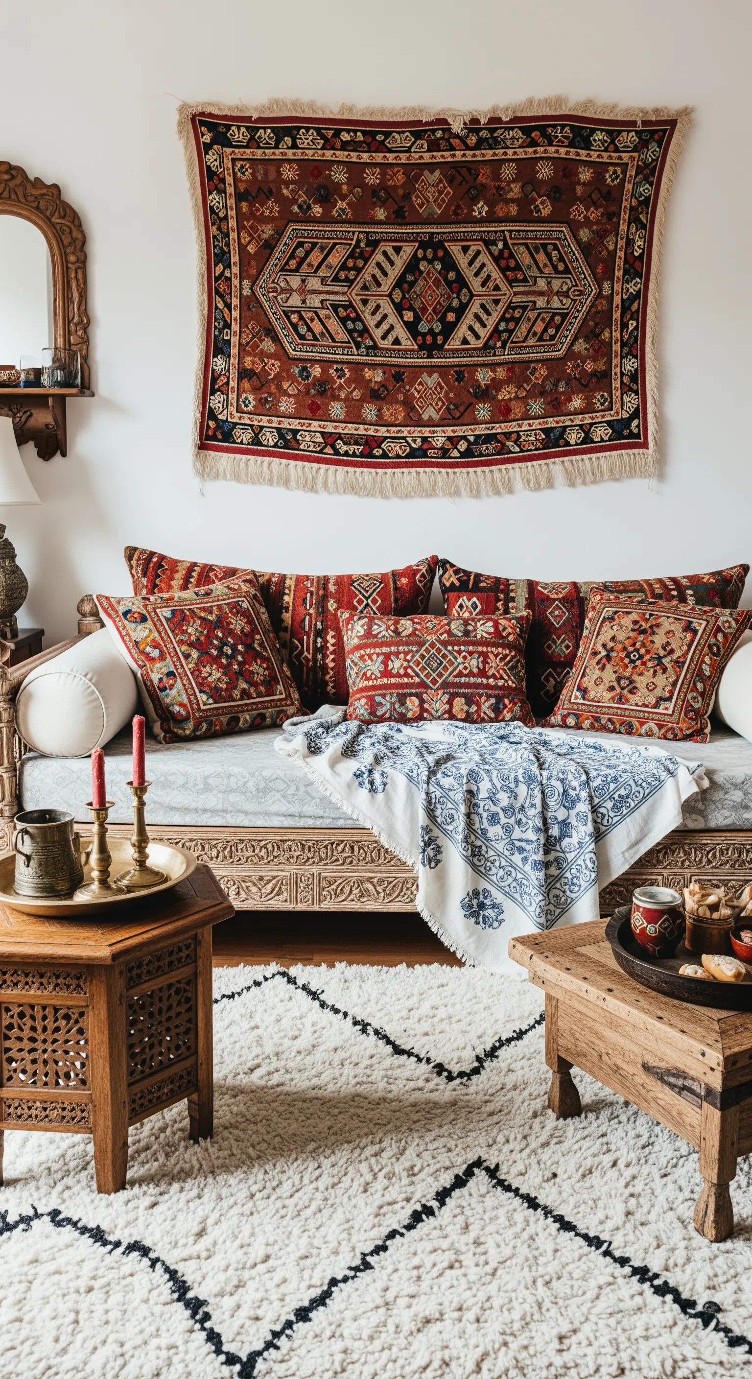 Salotto in stile etnico con daybed in legno, cuscini kilim e un tappeto berbero a rombi.