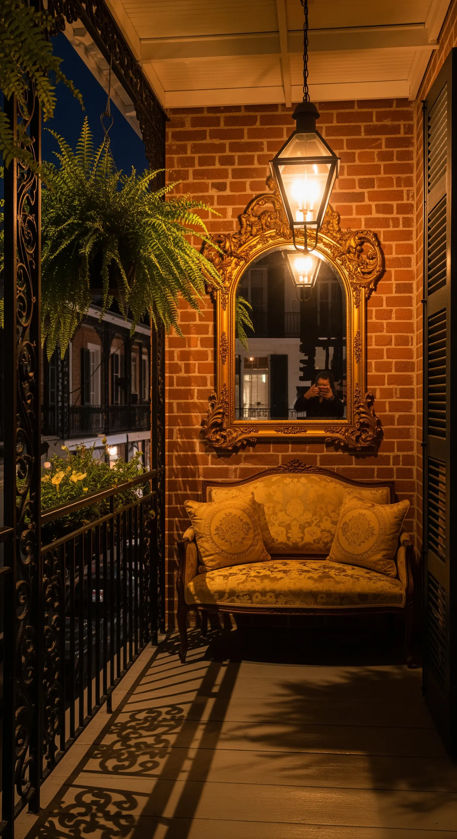 Balcone stretto con parete in mattoni, specchio barocco dorato e divanetto damascato.
