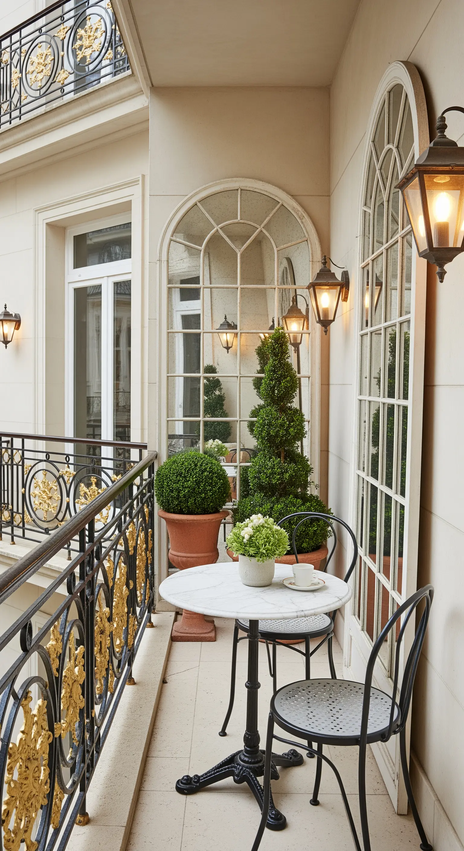 Balcone parigino con specchio a finestra ad arco, arredi in ferro battuto e piante topiarie.