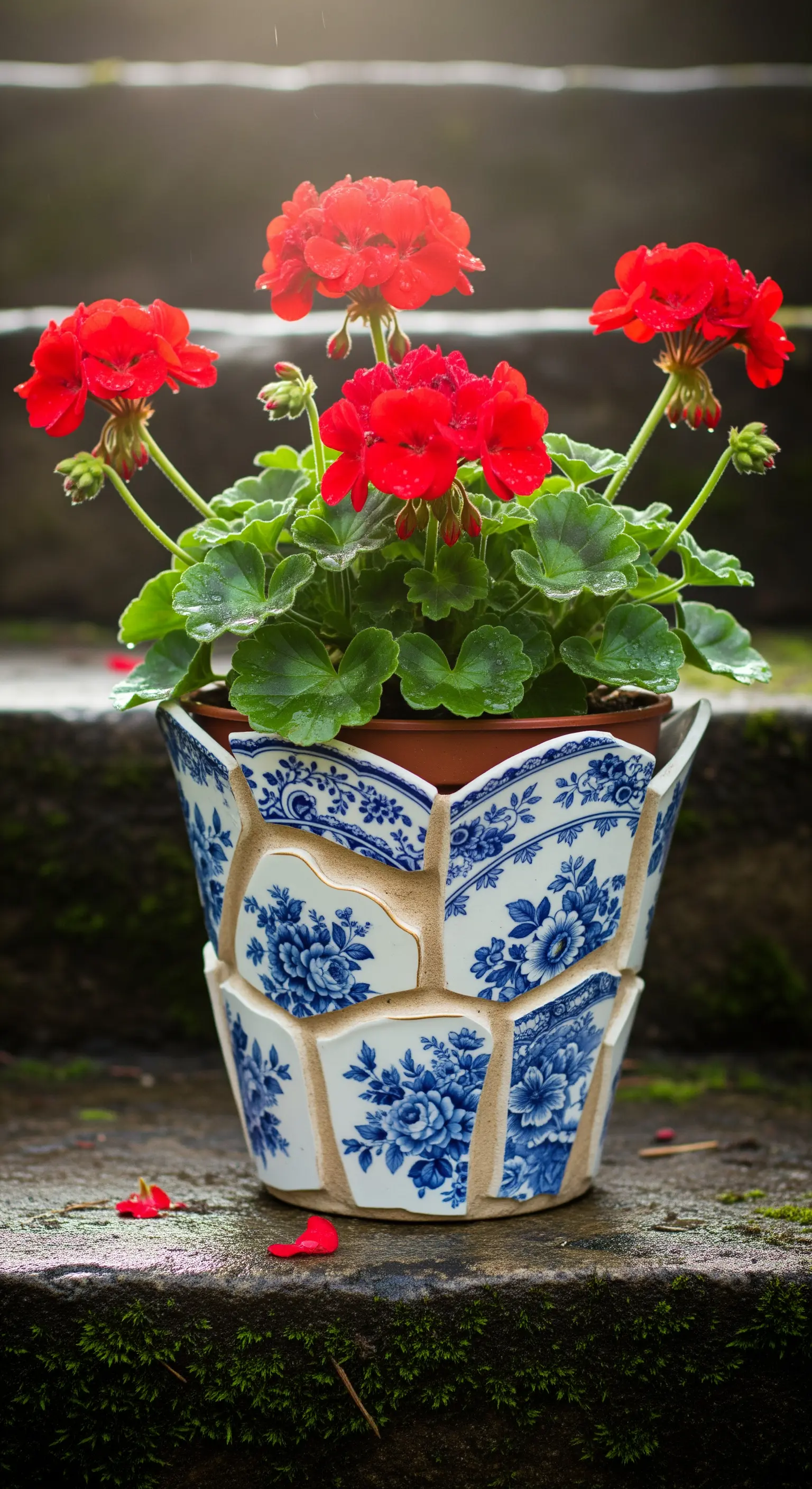 Vaso da fiori realizzato con frammenti di porcellana bianca e blu in stile piqué assiette.