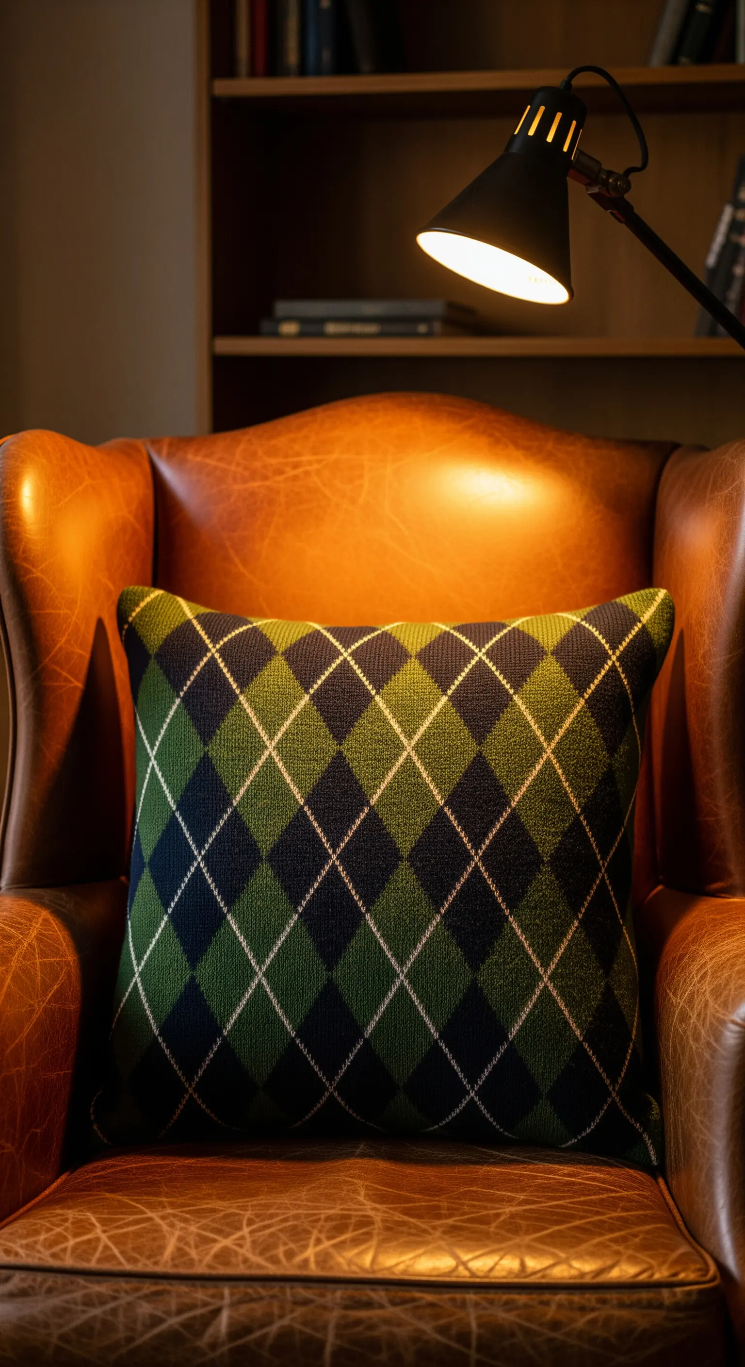 Cuscino a rombi verdi e blu (argyle) su una poltrona in pelle marrone.