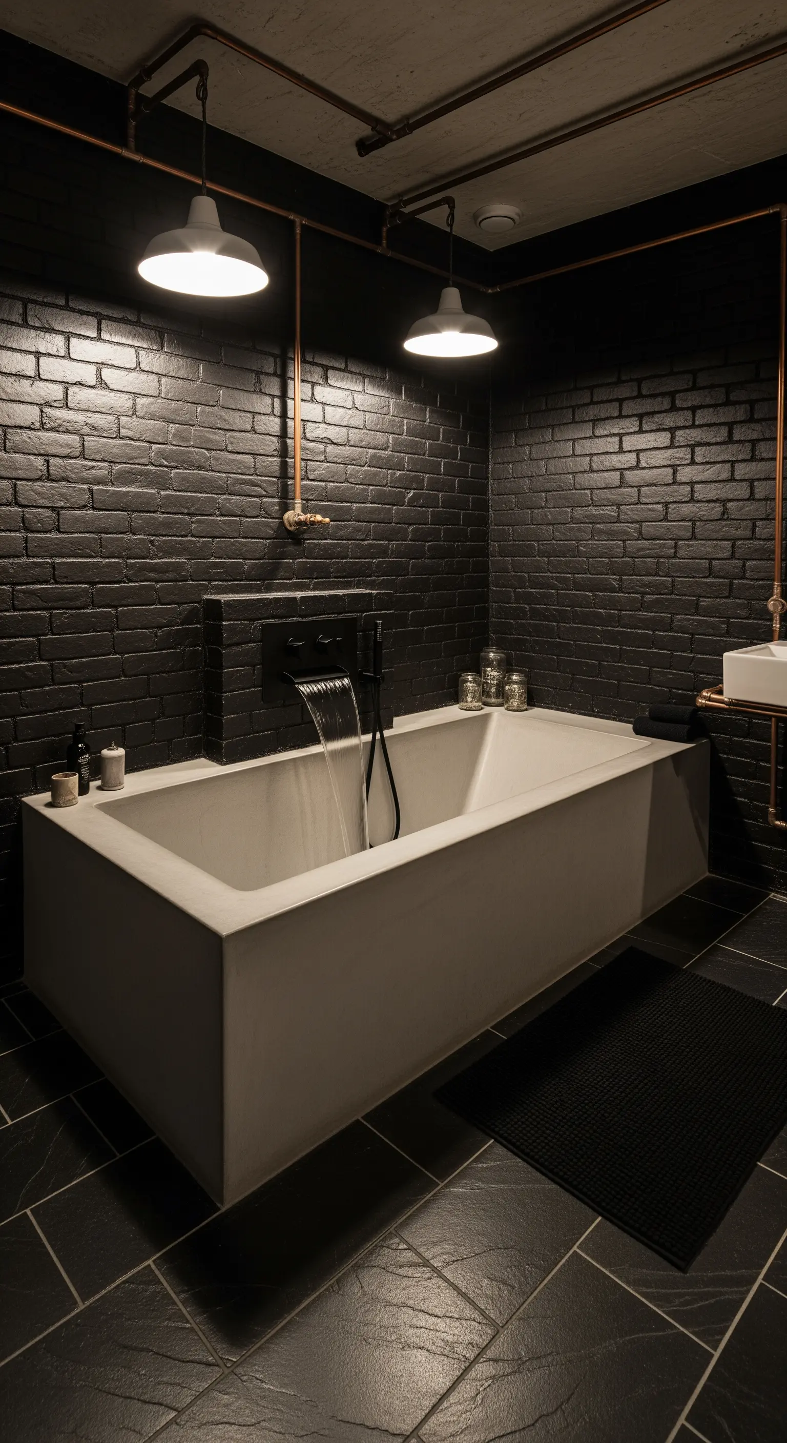 Bagno scuro con mattoni neri, vasca in cemento e tubature in rame a vista.