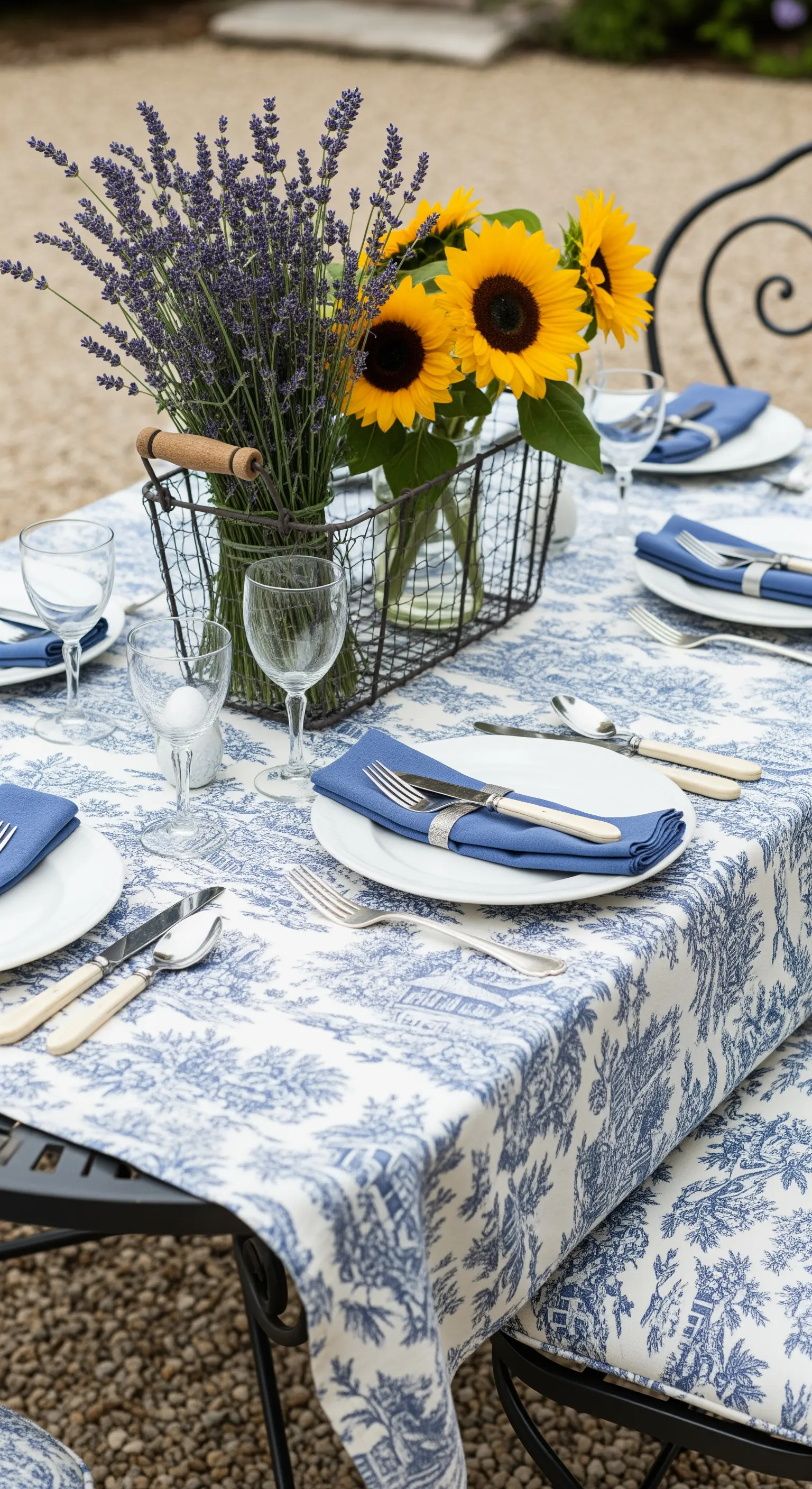 Tavola in stile provenzale con tovaglia Toile de Jouy e centrotavola di lavanda e girasoli