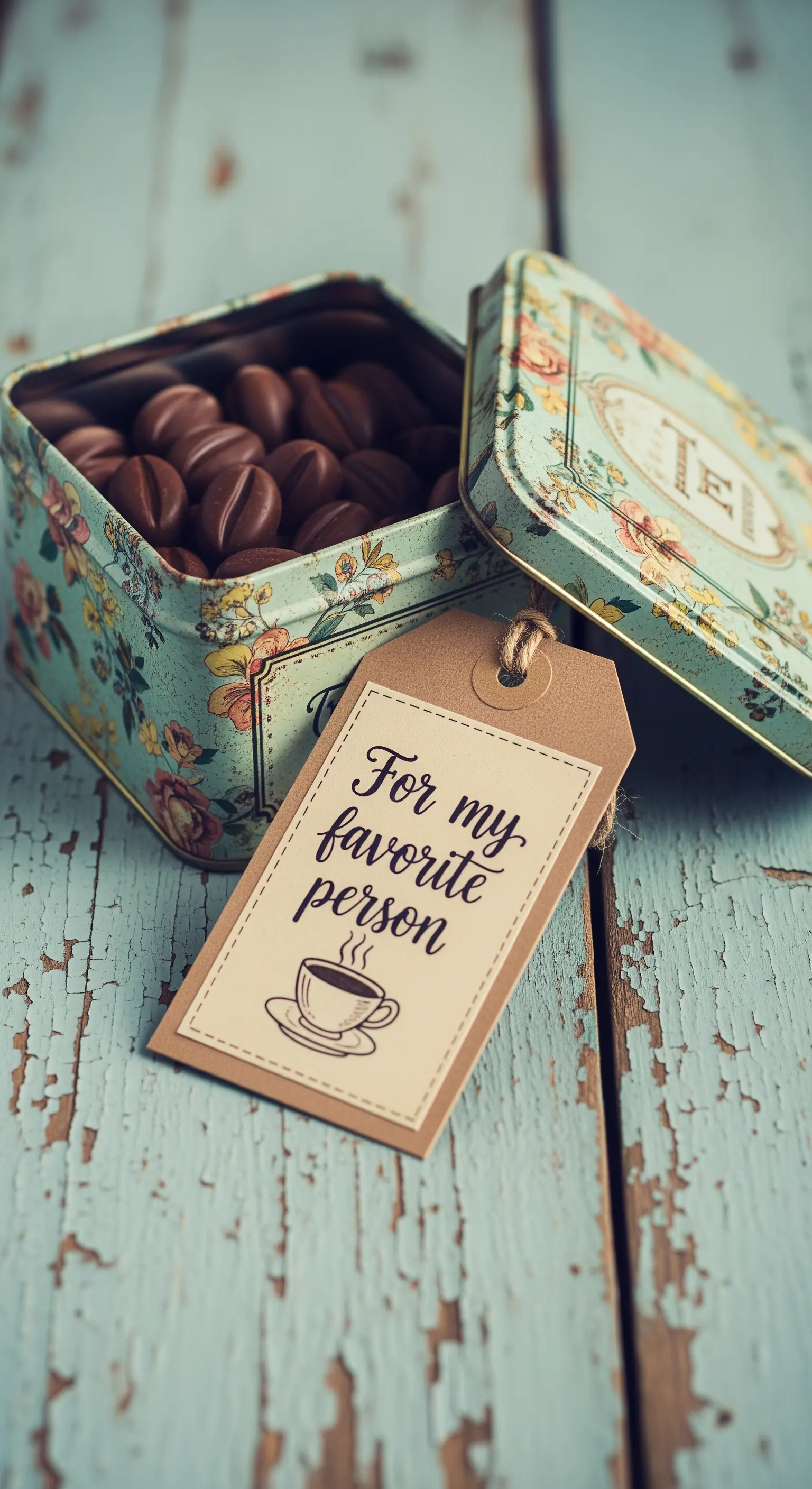 Scatola di latta vintage su un tavolo di legno rovinato, con cioccolatini e un'etichetta.