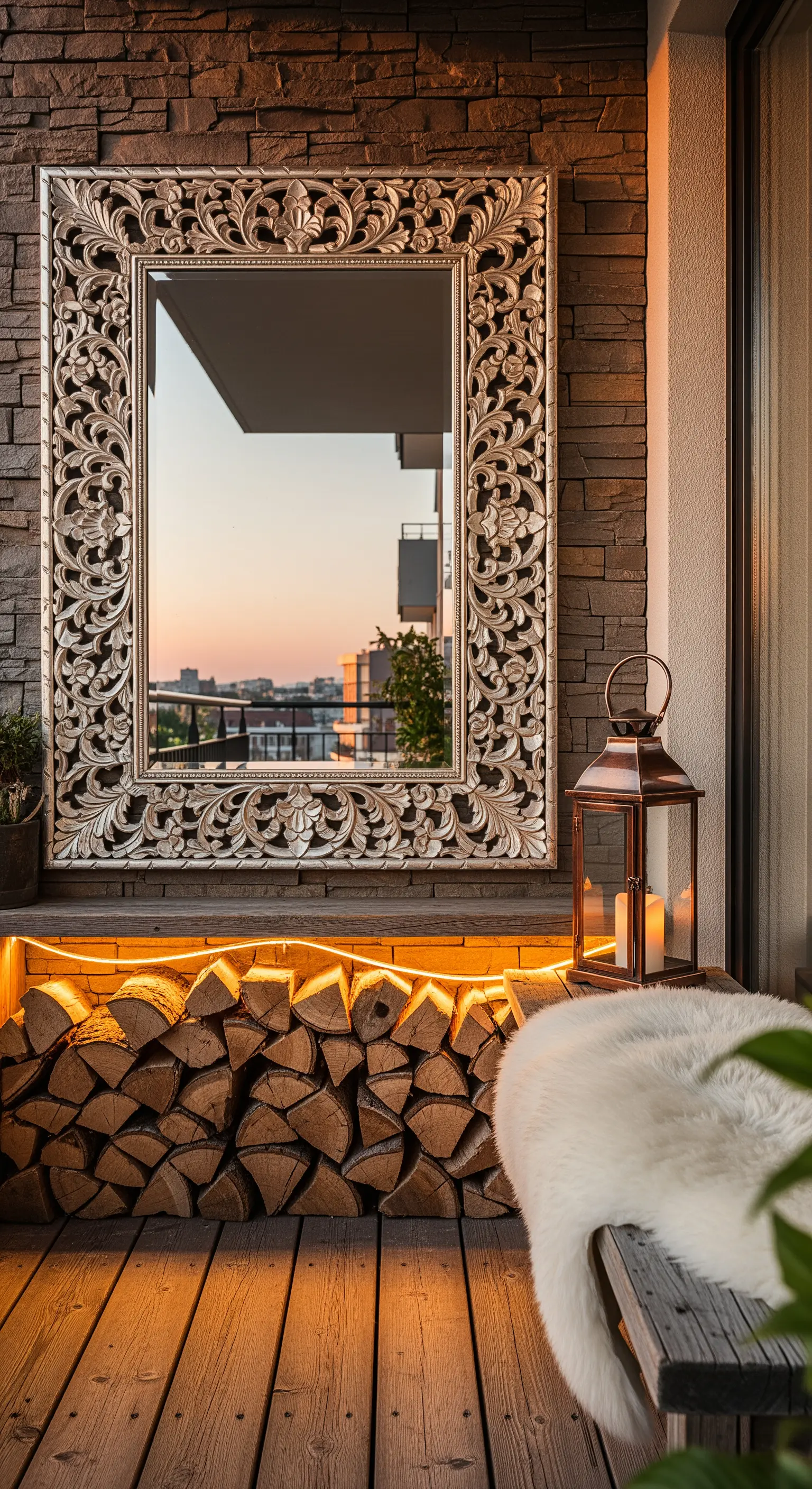 Specchio barocco argentato sopra una panca con legna da ardere illuminata da una luce calda.