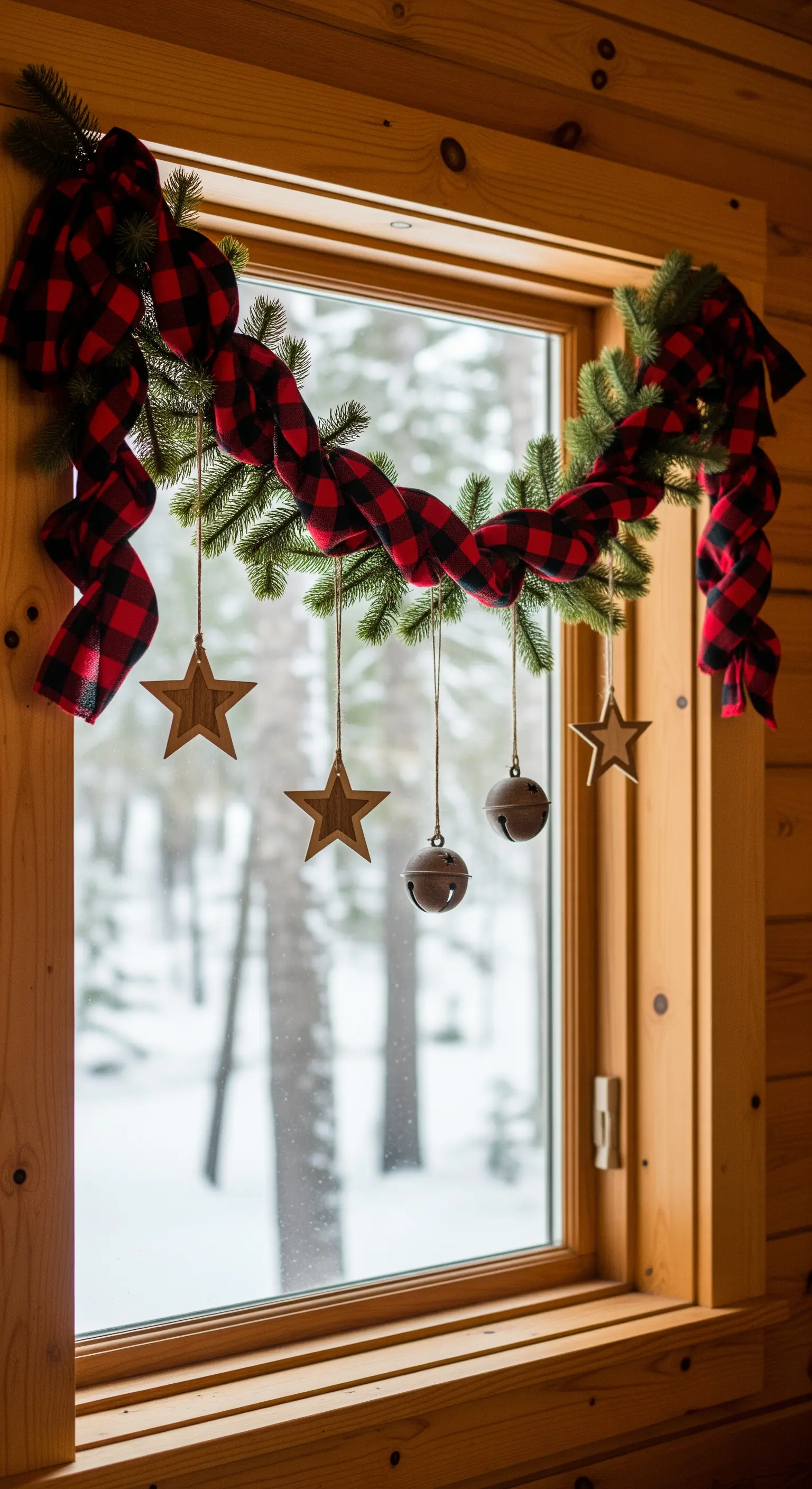 Finestra in legno decorata con ghirlanda, nastro a quadri e stelle di legno.