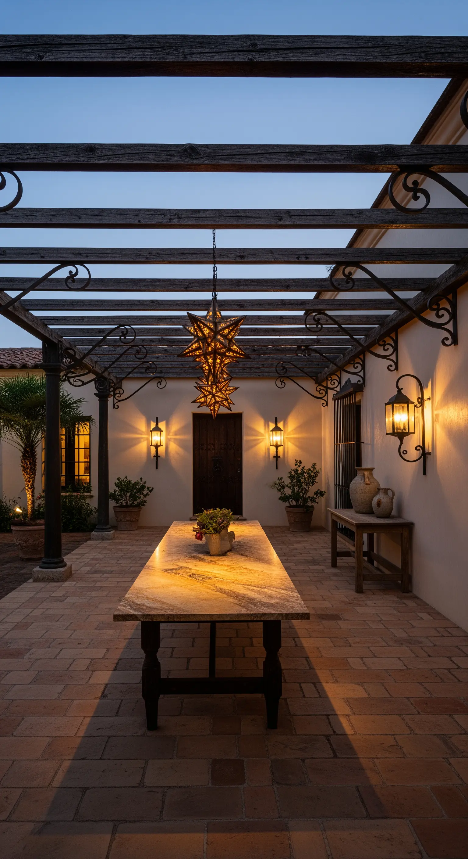 Patio rustico con pergola in legno scuro e un grande lampadario a forma di stella.