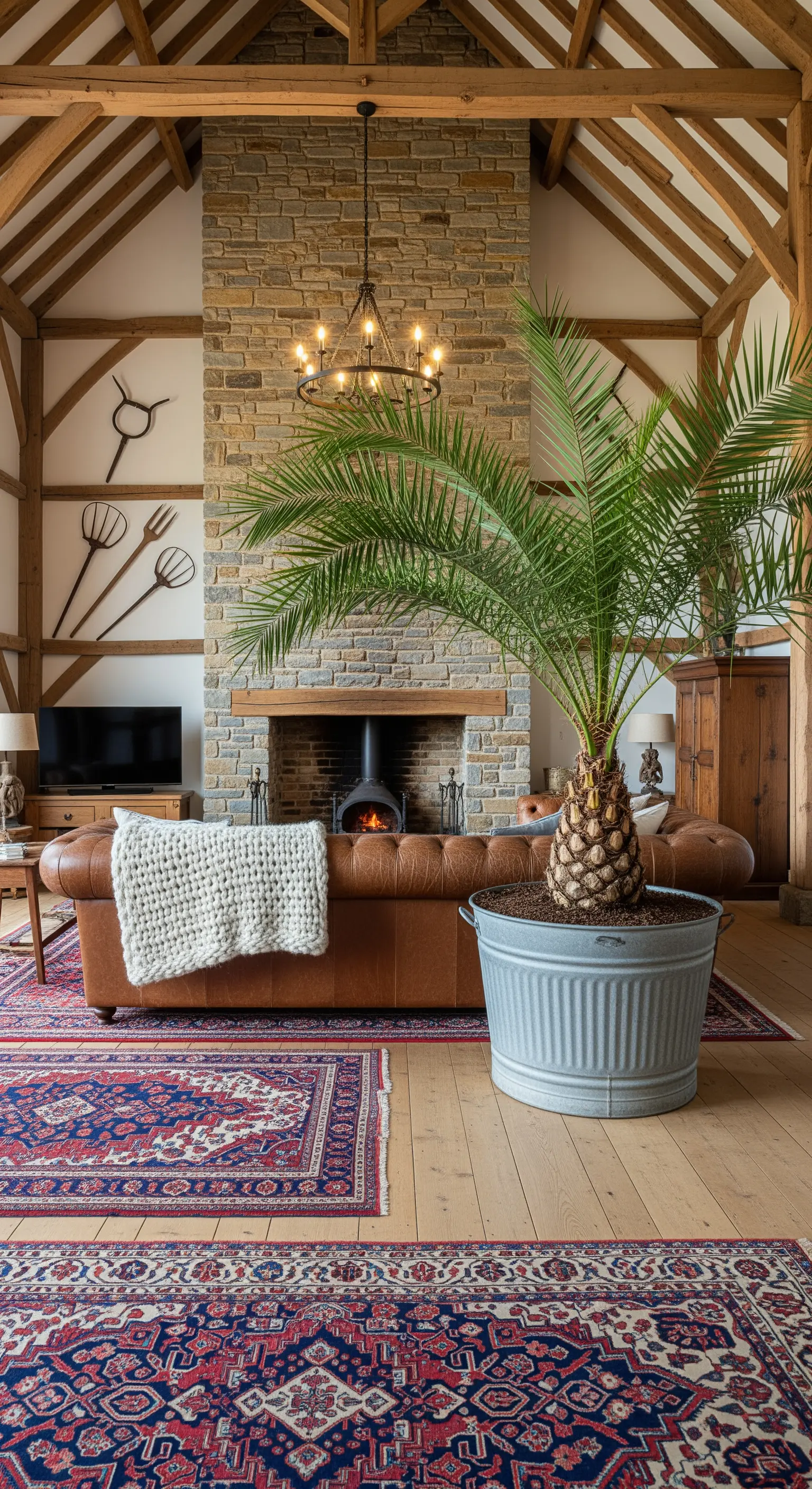 Palma in un grande secchio di zinco in un soggiorno rustico con pareti in pietra e travi in legno.