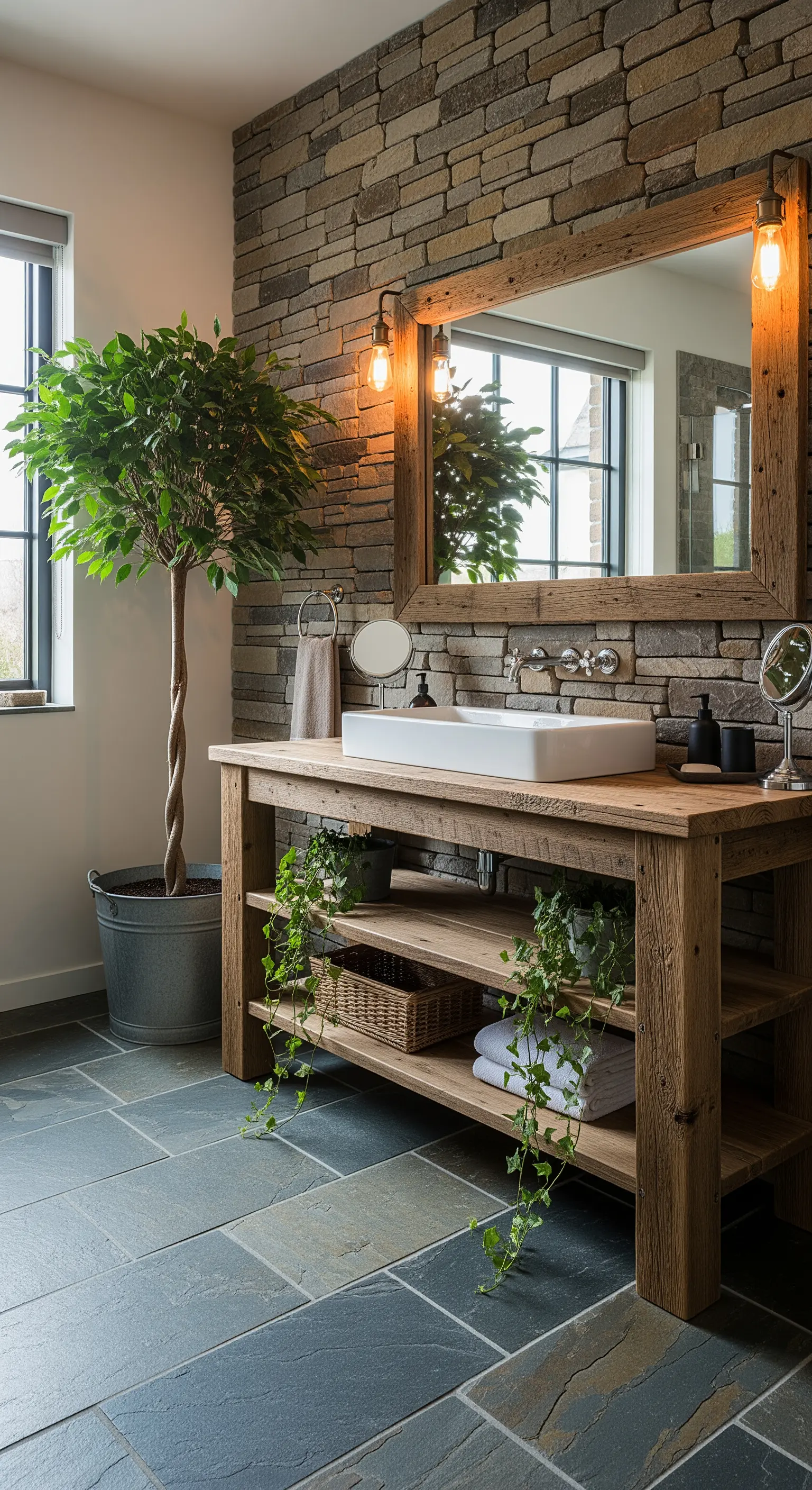 Mobile da bagno in legno grezzo con piante rampicanti e parete in pietra.