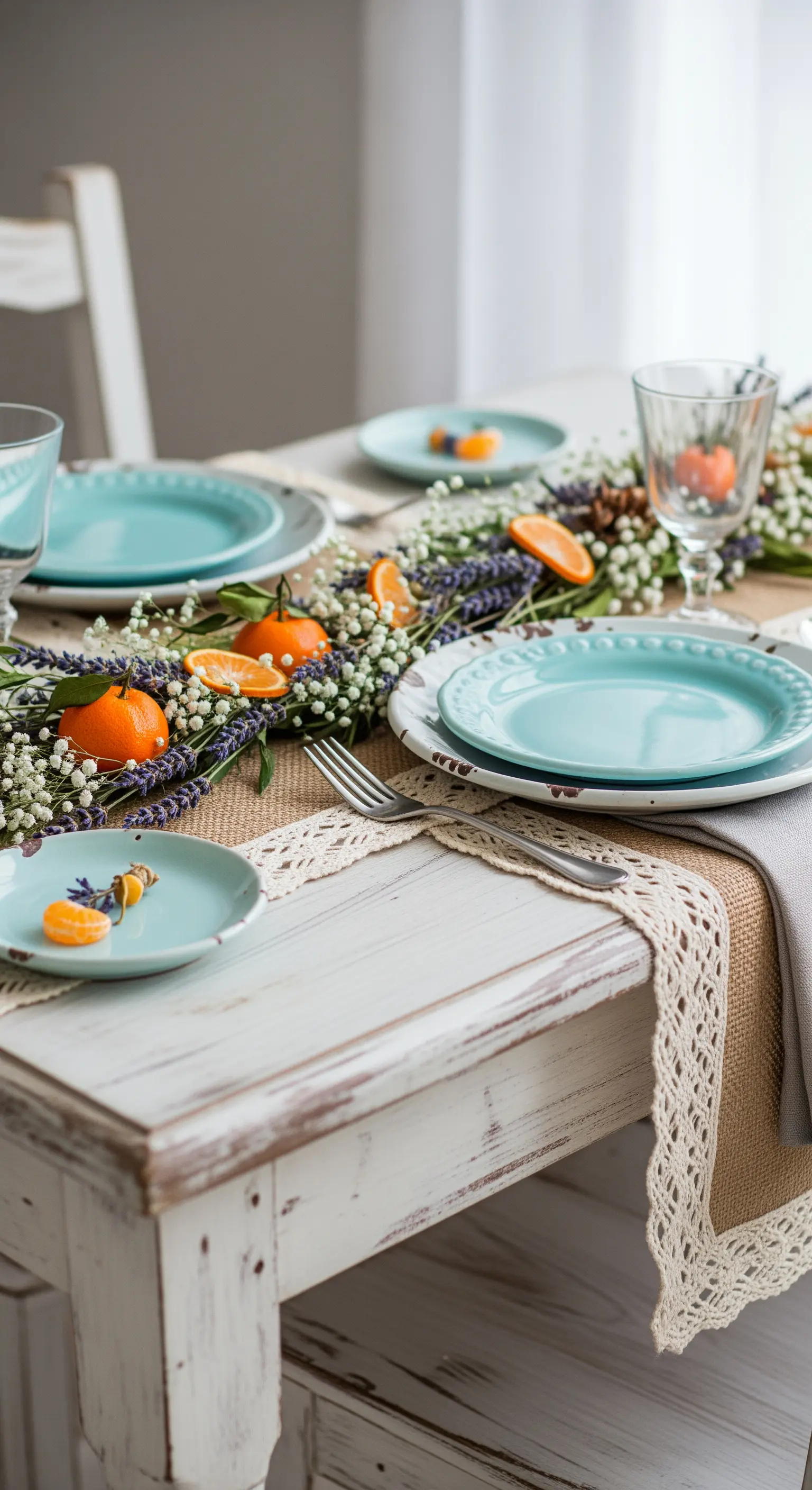 Tavola shabby chic con runner in juta e pizzo, decorata con lavanda e gypsophila