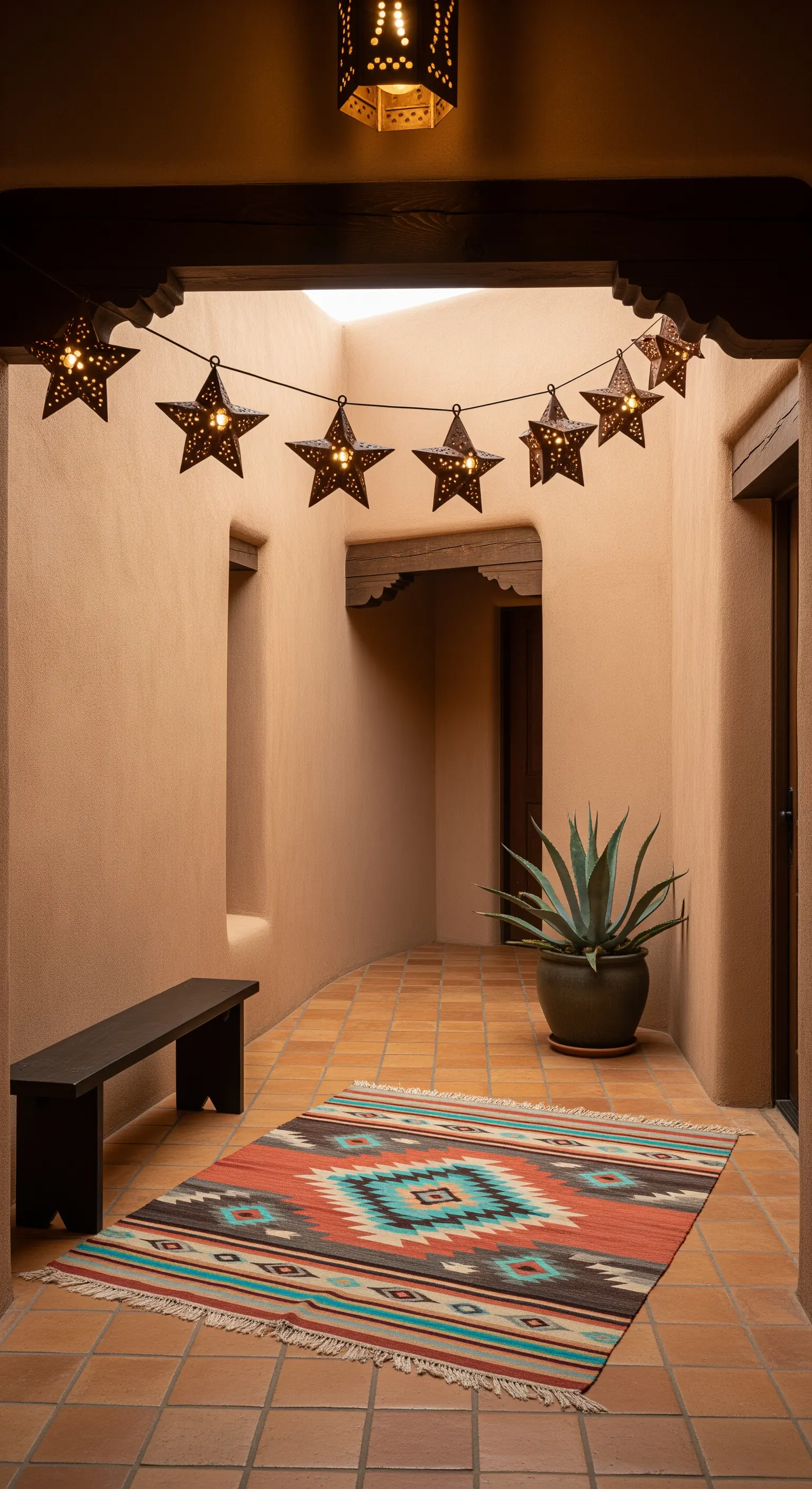 Patio in stile Southwestern con tappeto kilim, pareti color terracotta e luci a forma di stella.