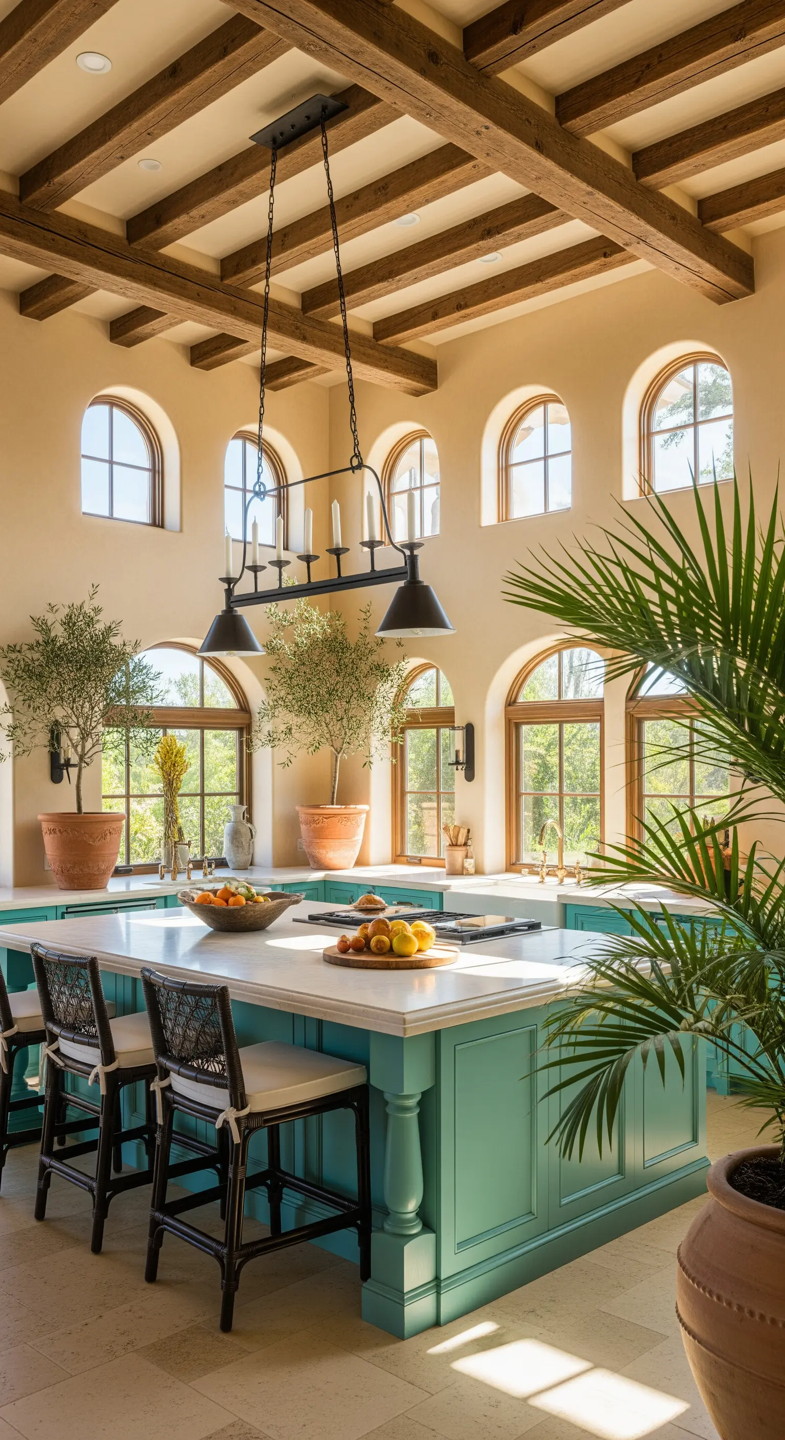 Cucina in stile toscano con travi a vista e un'isola dipinta di verde acqua.