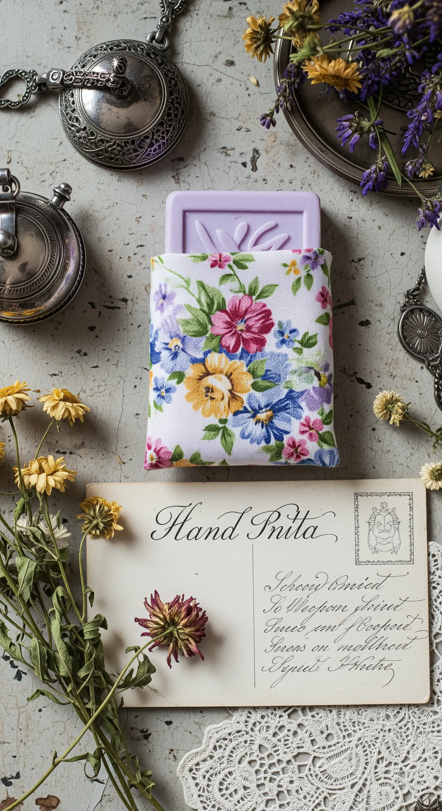 Sacchetto a stampa floreale vintage, sapone alla lavanda, cartolina d'epoca e fiori secchi.