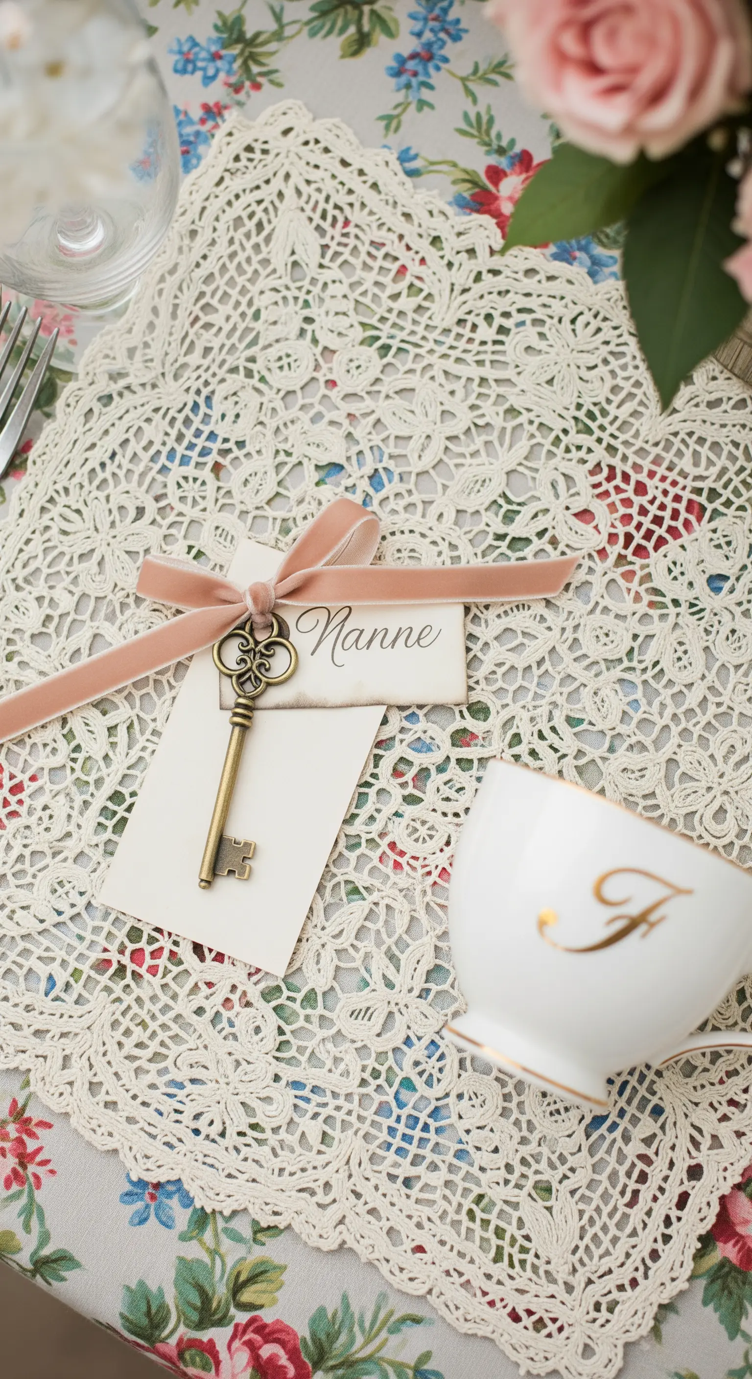 Posto tavola vintage con tovaglietta in pizzo, chiave antica e tazza da tè personalizzata