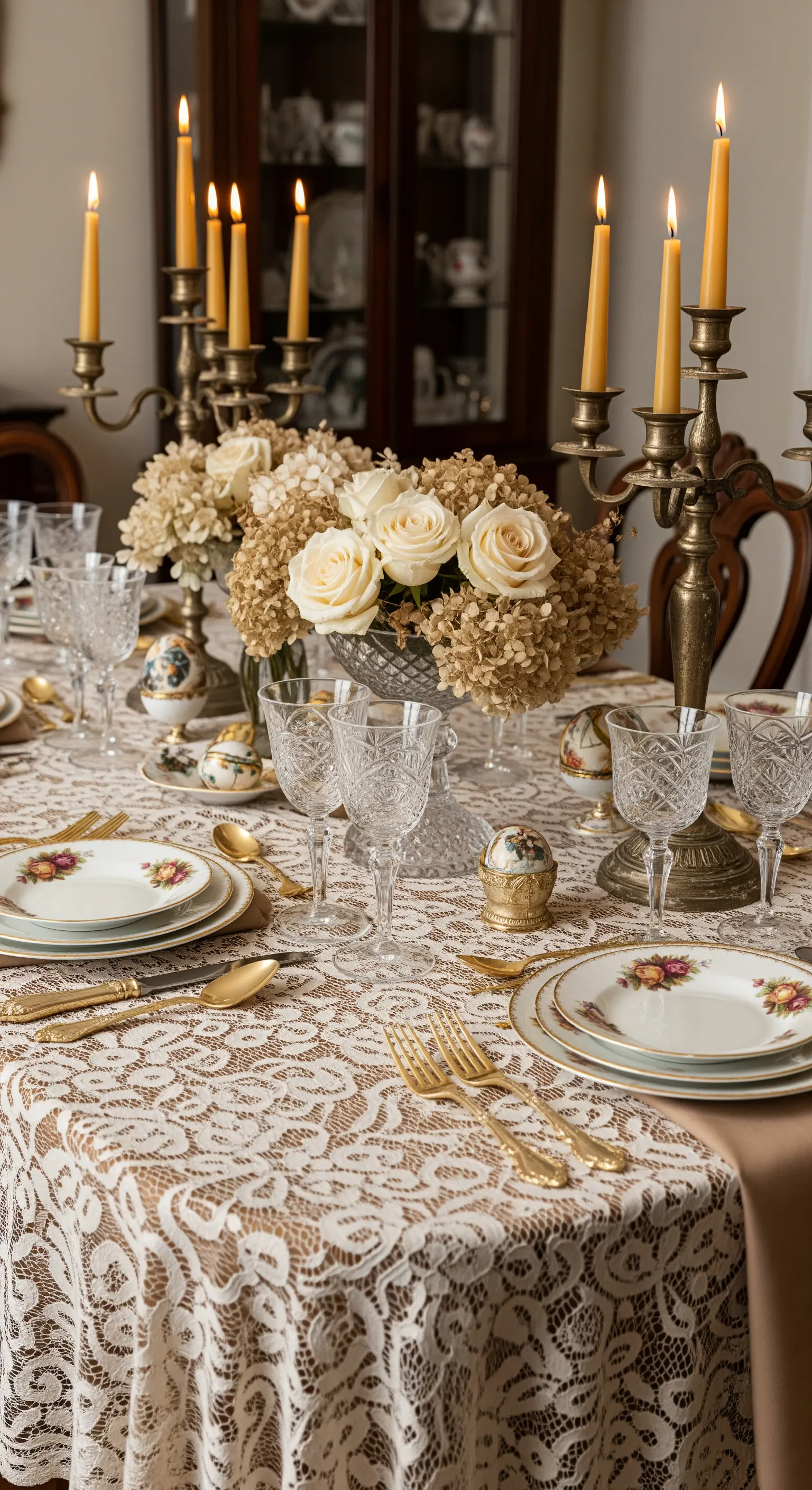 Tavola pasquale vintage con tovaglia in pizzo, candelabri antichi e piatti floreali.