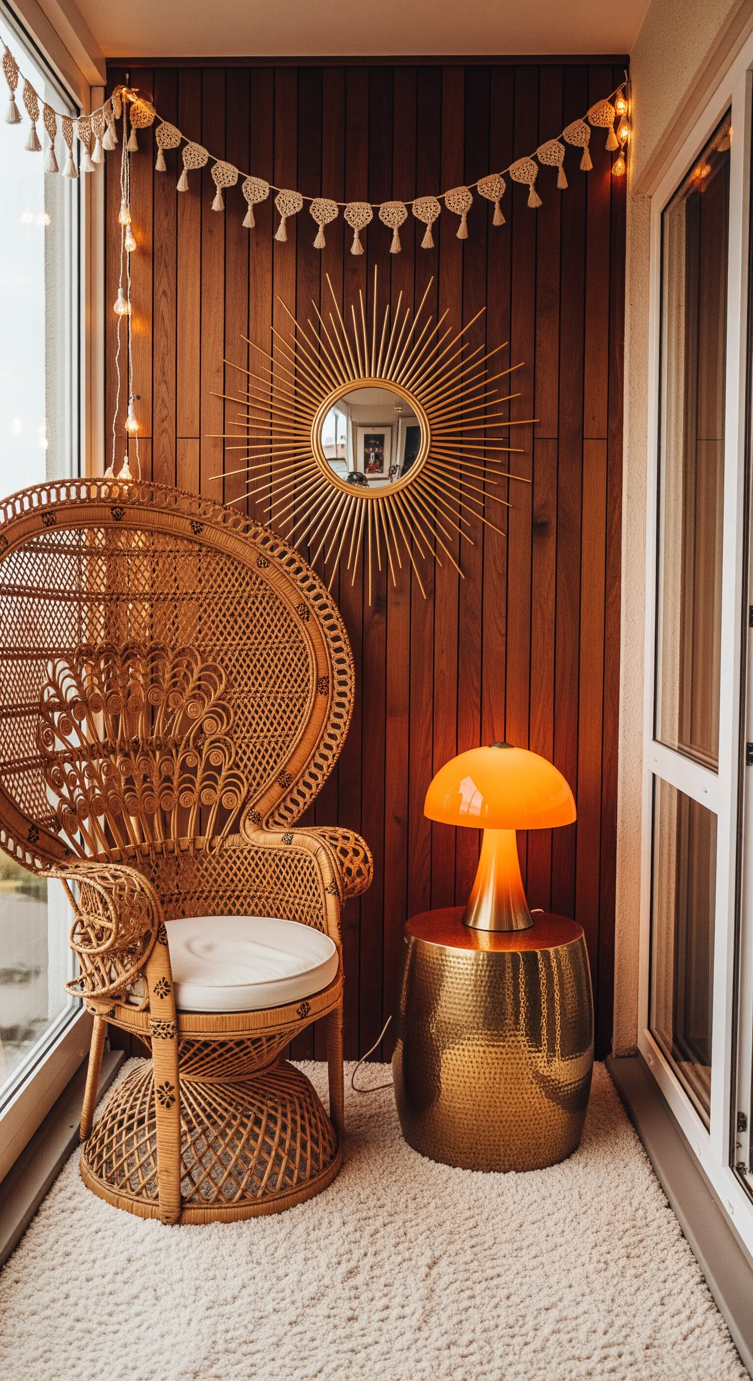 Balcone in stile anni '70 con poltrona Peacock, specchio a raggiera e lampada a fungo arancione