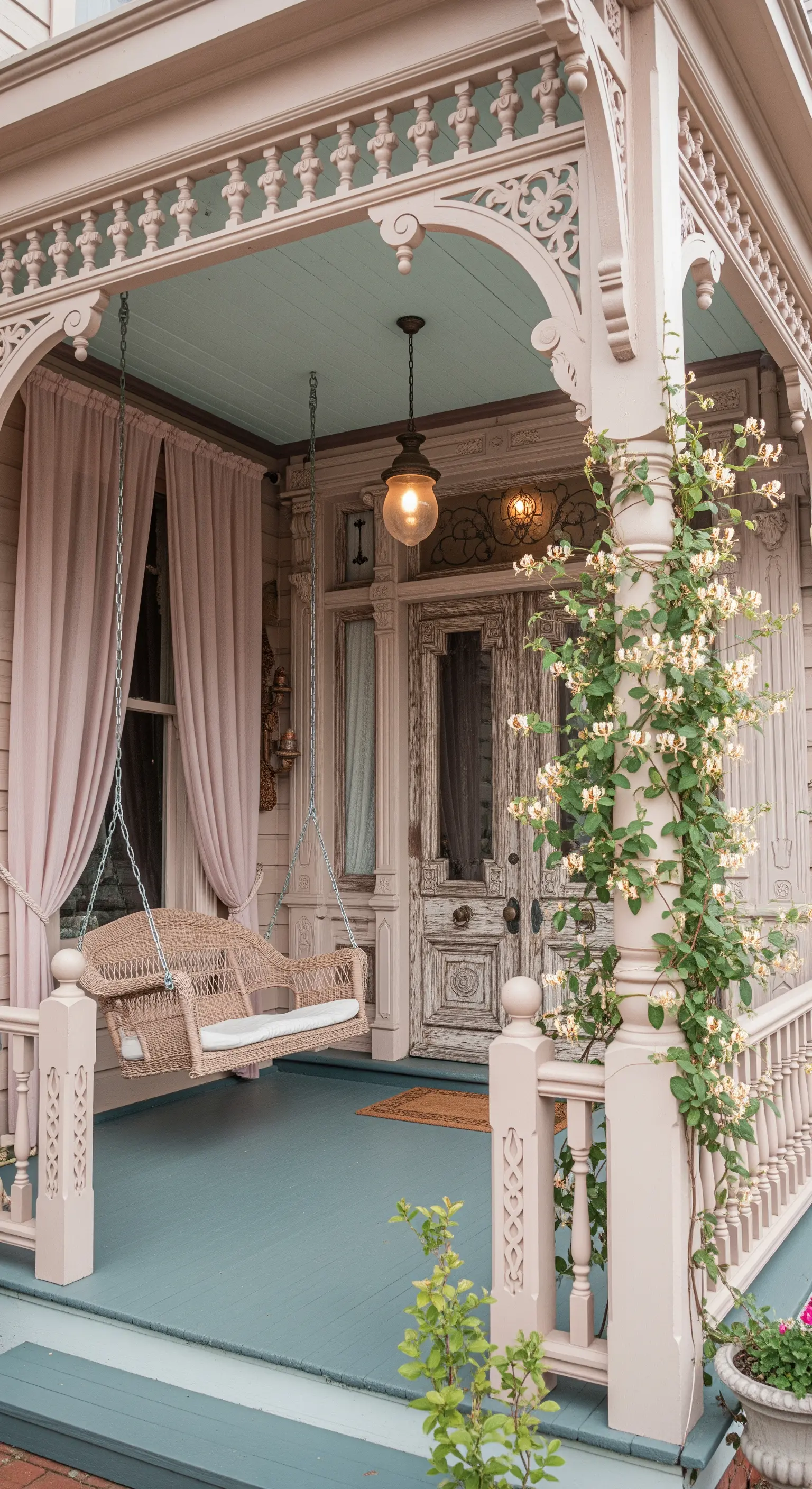 Portico vittoriano rosa con dondolo in vimini e tende coordinate.