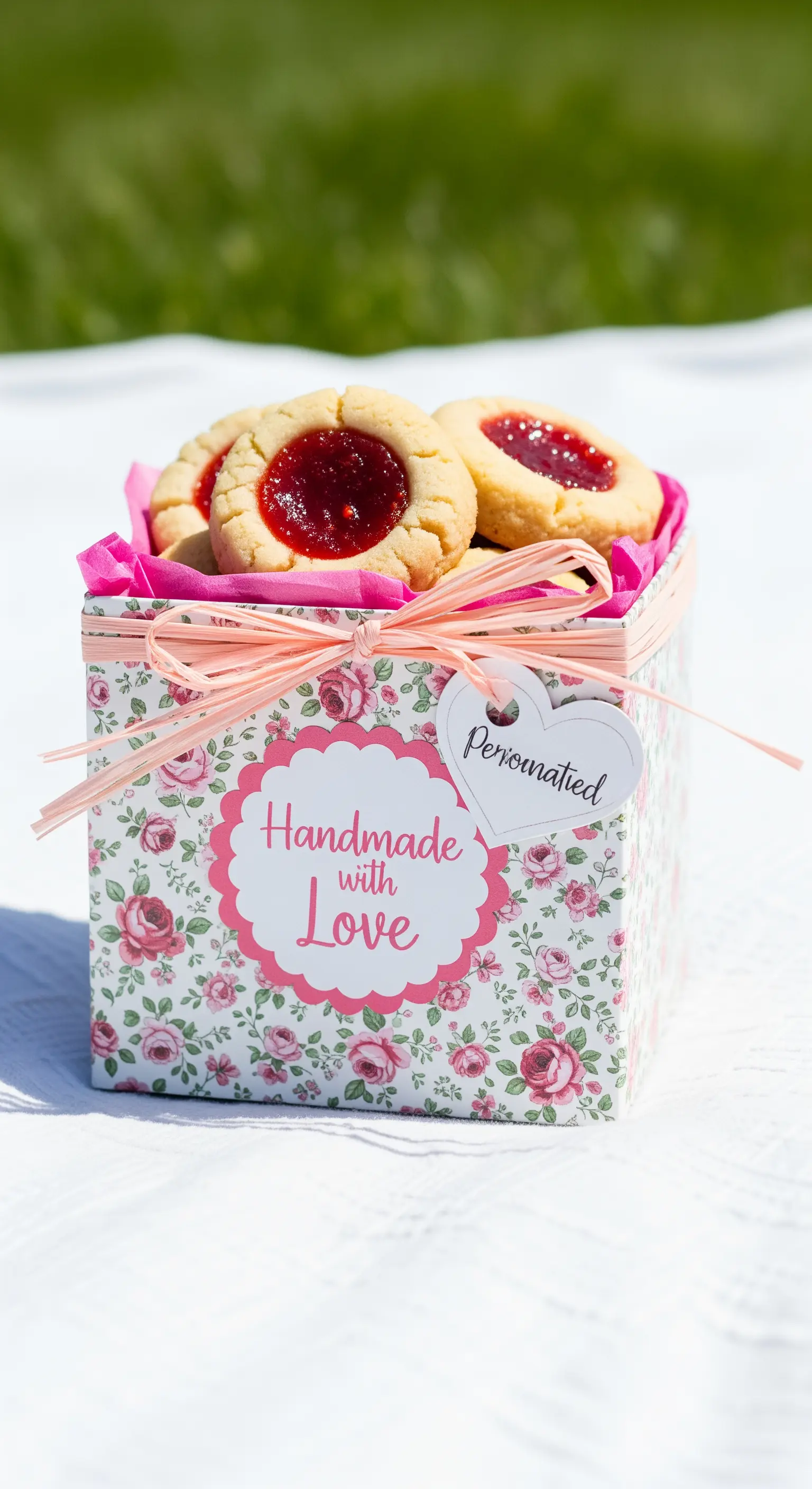 Biscotti alla marmellata in una scatola a fiori con etichetta 'Handmade with Love'.