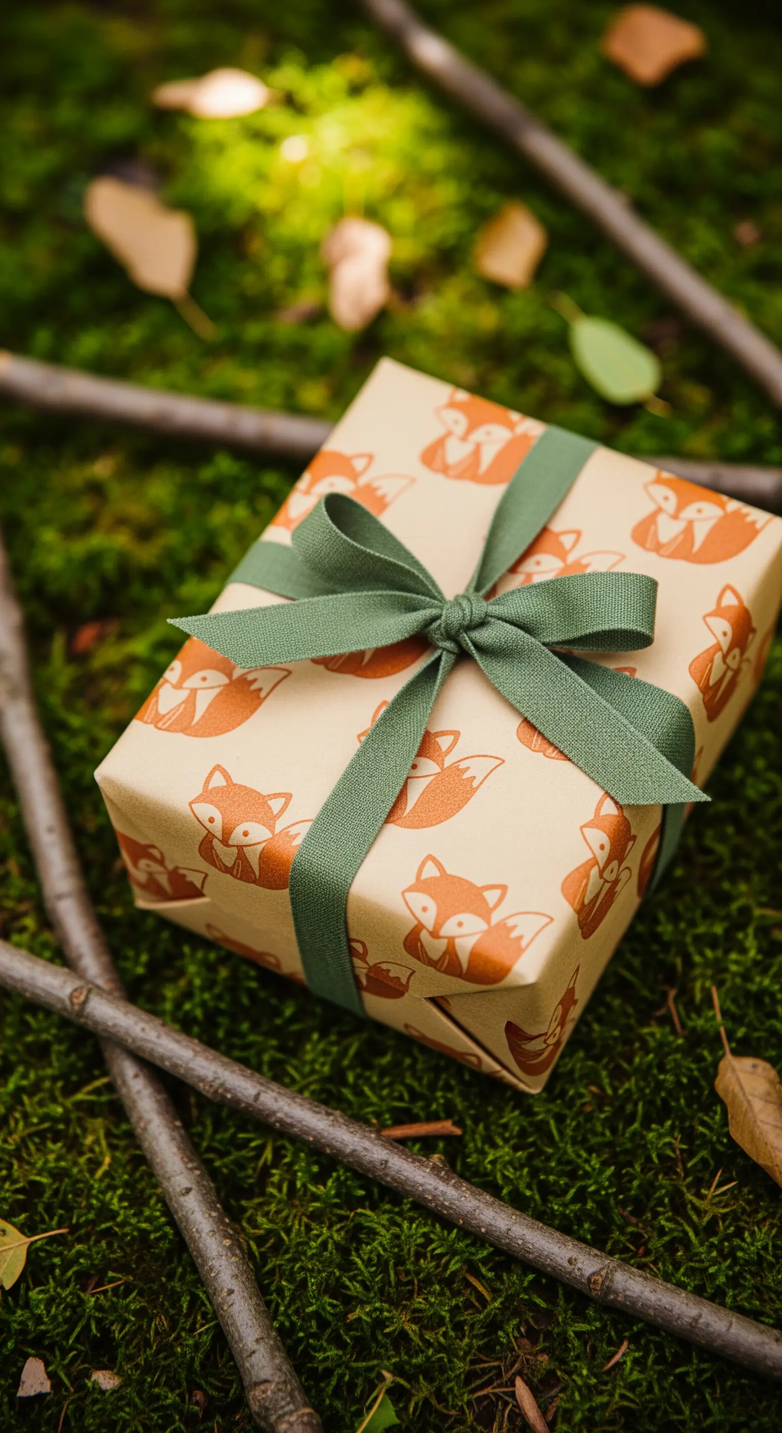 Pacco regalo con una stampa di volpi arancioni e un fiocco in nastro verde salvia.