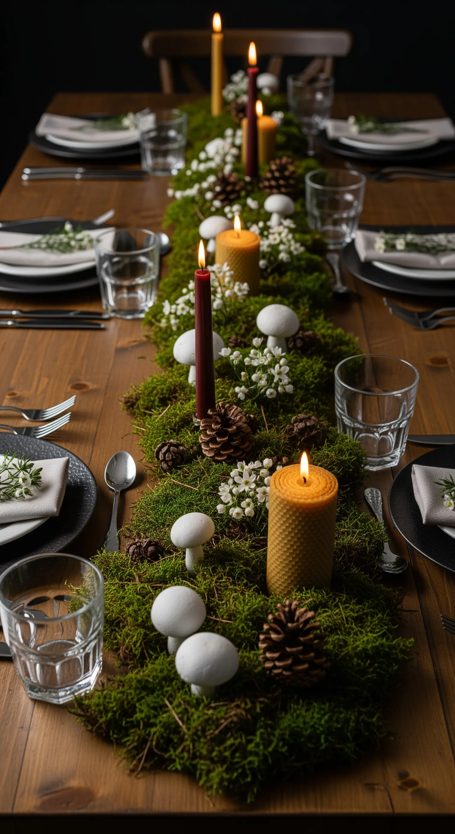 Runner di muschio con candele di cera d'api, pigne e funghi decorativi per una tavola a tema bosco.