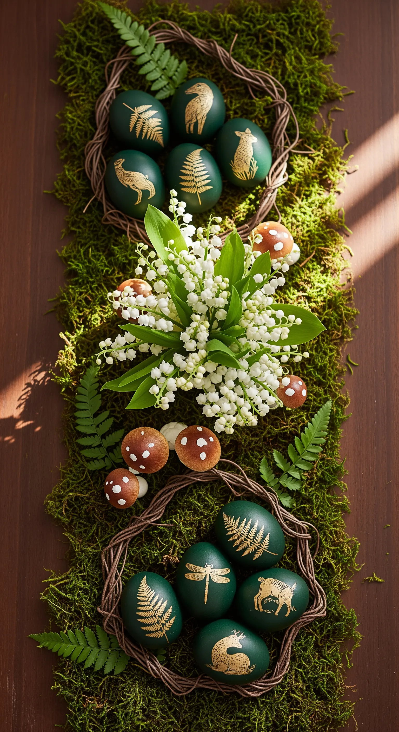 Composizione pasquale a tema bosco con uova verdi, muschio e decorazioni dorate.