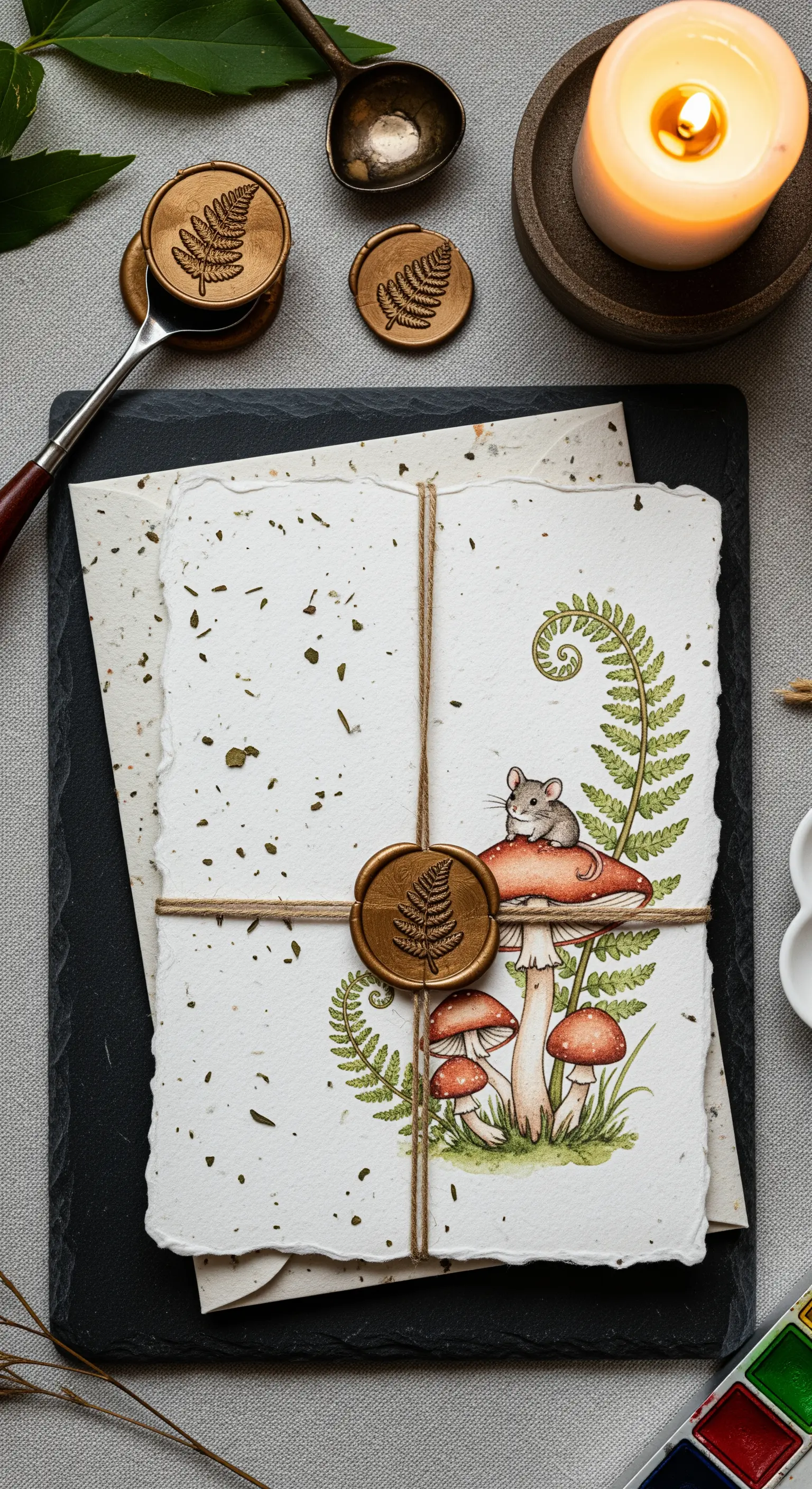 Invito su carta riciclata con illustrazione di un topo su un fungo, legato con spago.