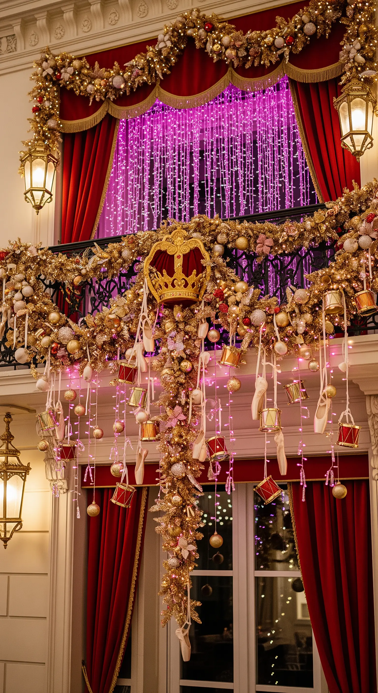 Balcone sontuosamente decorato con ghirlande dorate, una corona, scarpette da ballo e luci rosa