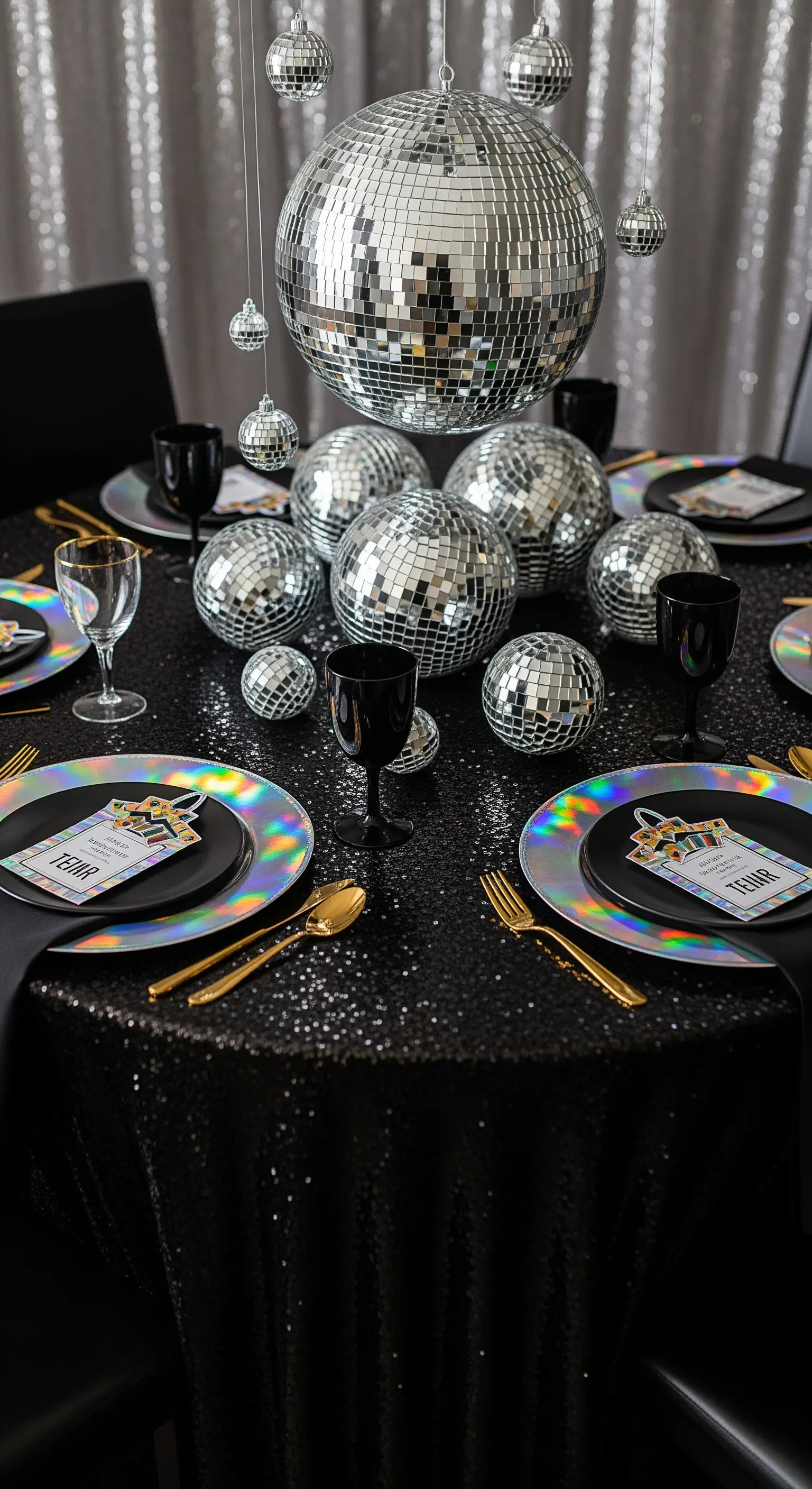 Tavola di Capodanno con tovaglia di paillettes nere e un centrotavola di disco ball.