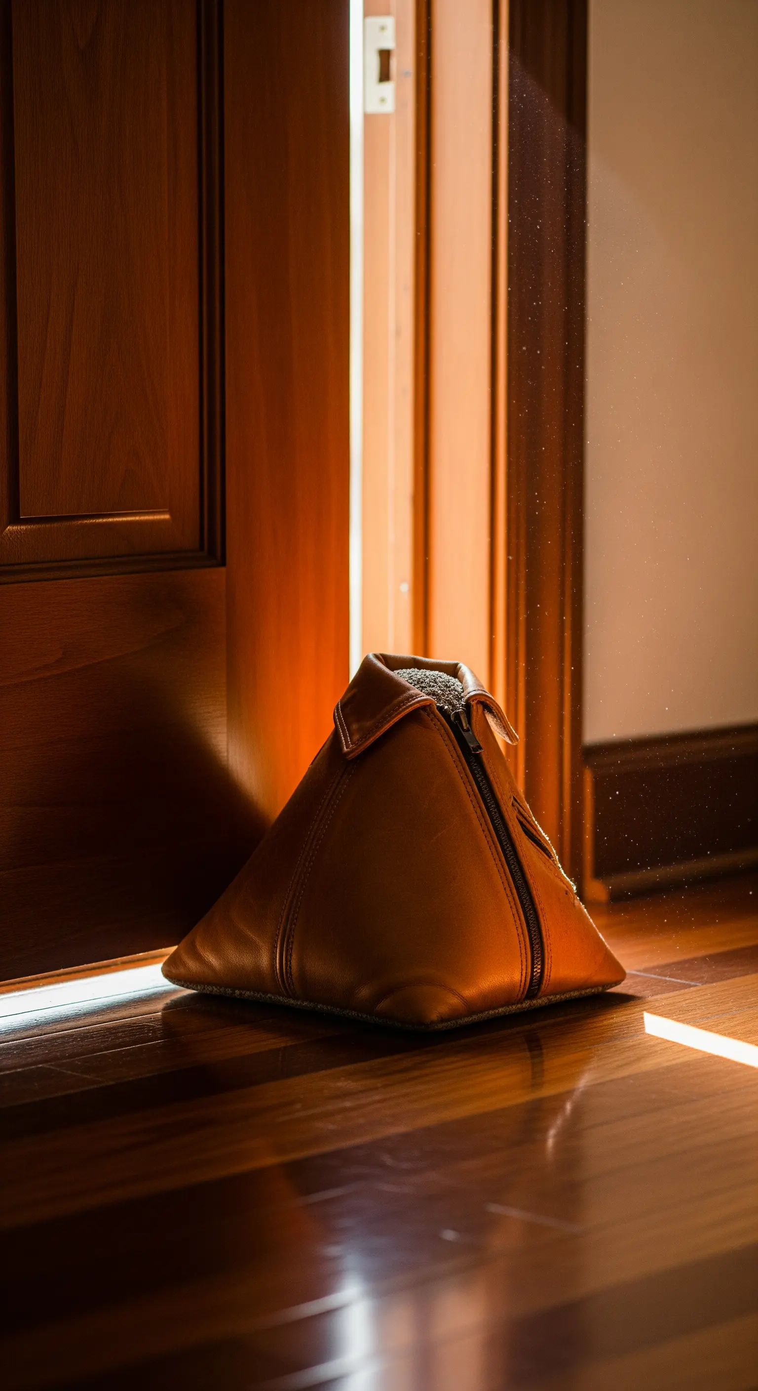 Fermaporta piramidale in pelle marrone con cerniera, posizionato vicino a una porta di legno.