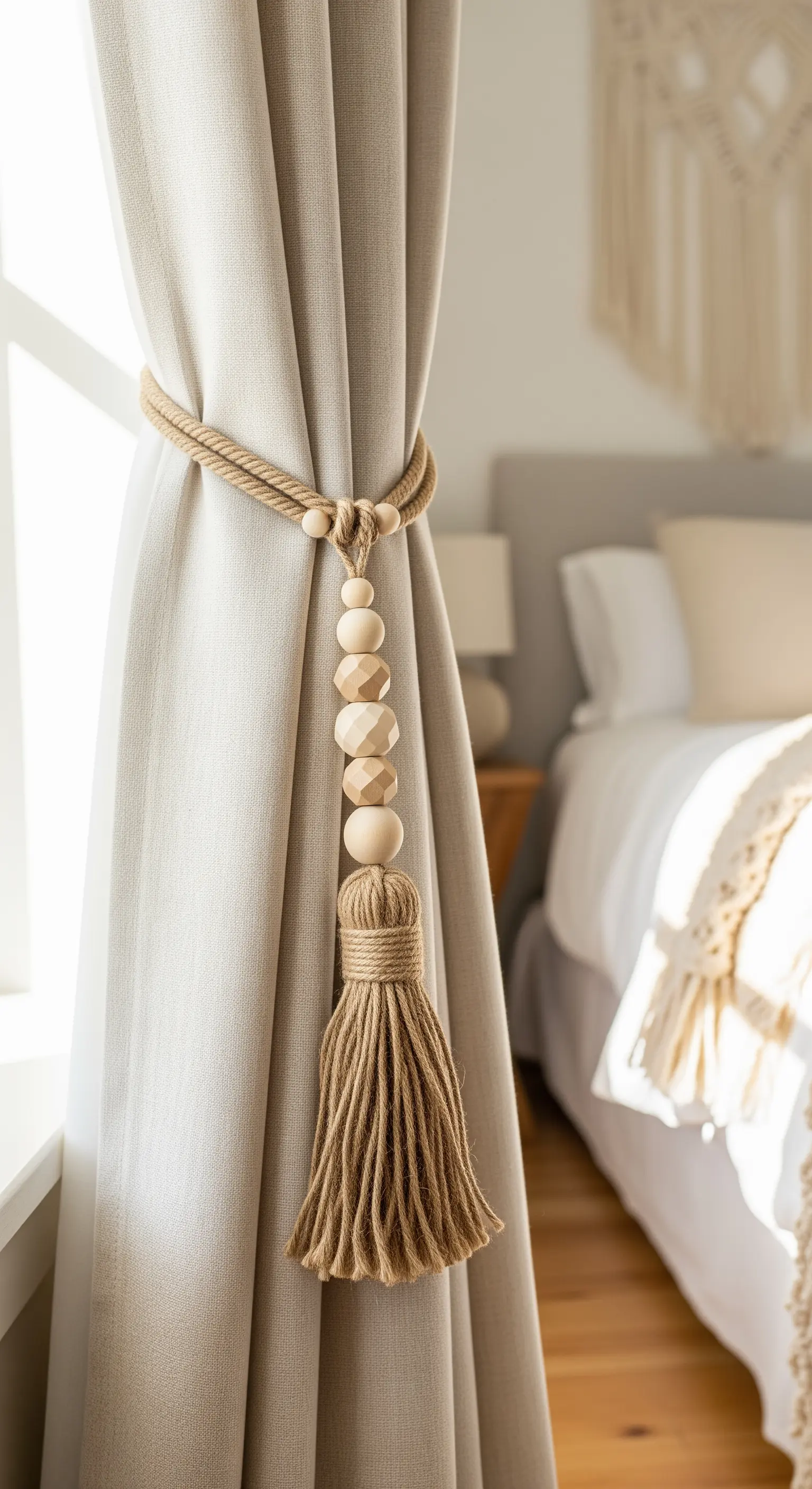 Fermitenda fatto a mano con perline di legno e nappa di iuta che raccoglie una tenda di lino.