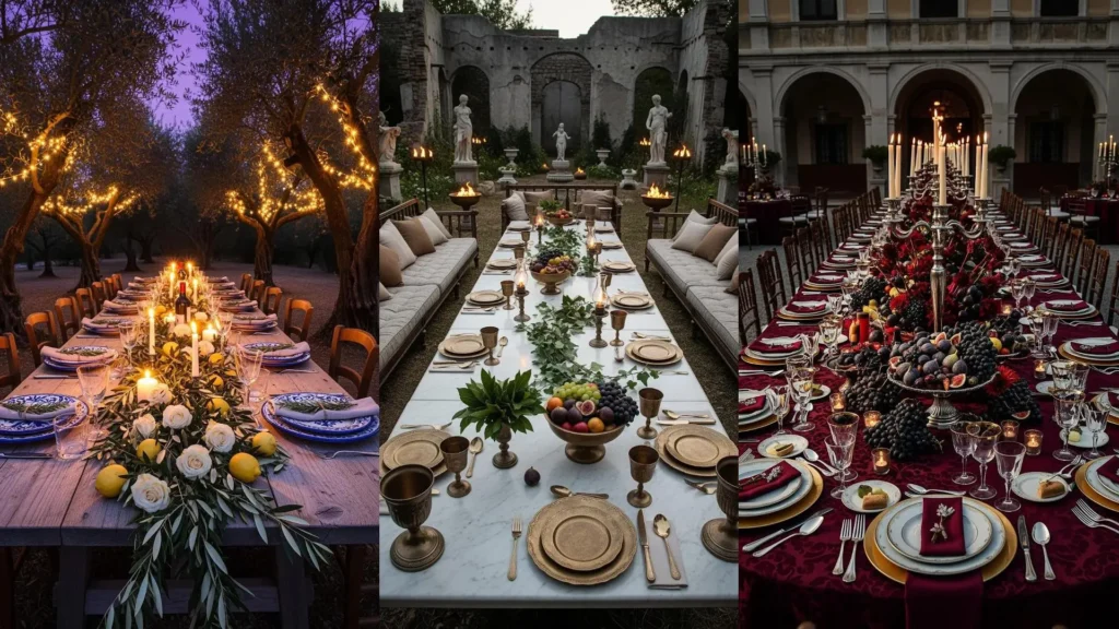 Splendide tavolate mediterranee decorate in un giardino, illuminate da luci e candele, ideali per Ferragosto sotto le stelle.