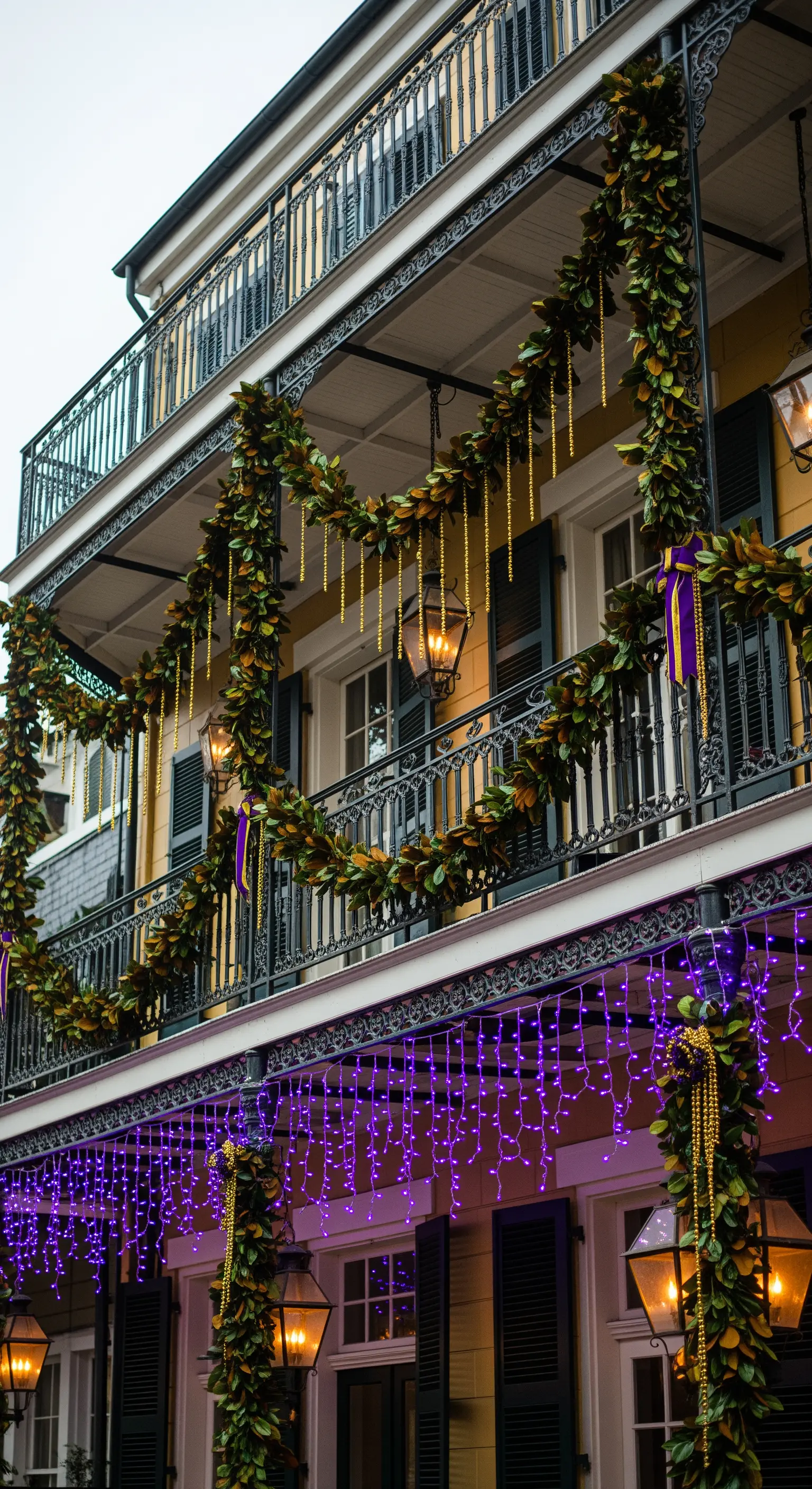 Balcone a più piani con ghirlande di magnolia, dettagli oro e una cascata di luci viola