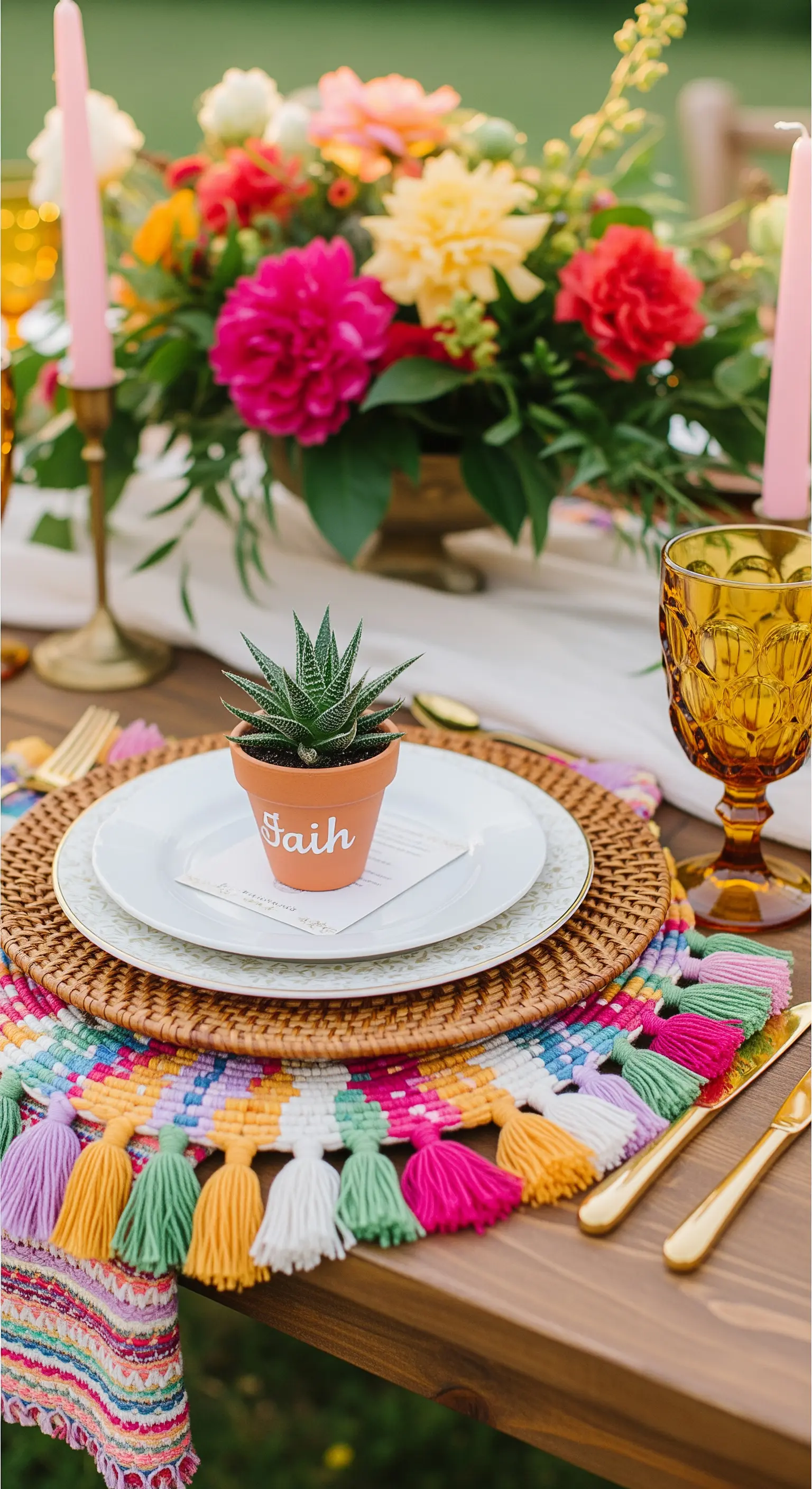 Tavola boho-chic con tovaglietta colorata, pianta grassa come segnaposto e fiori vivaci