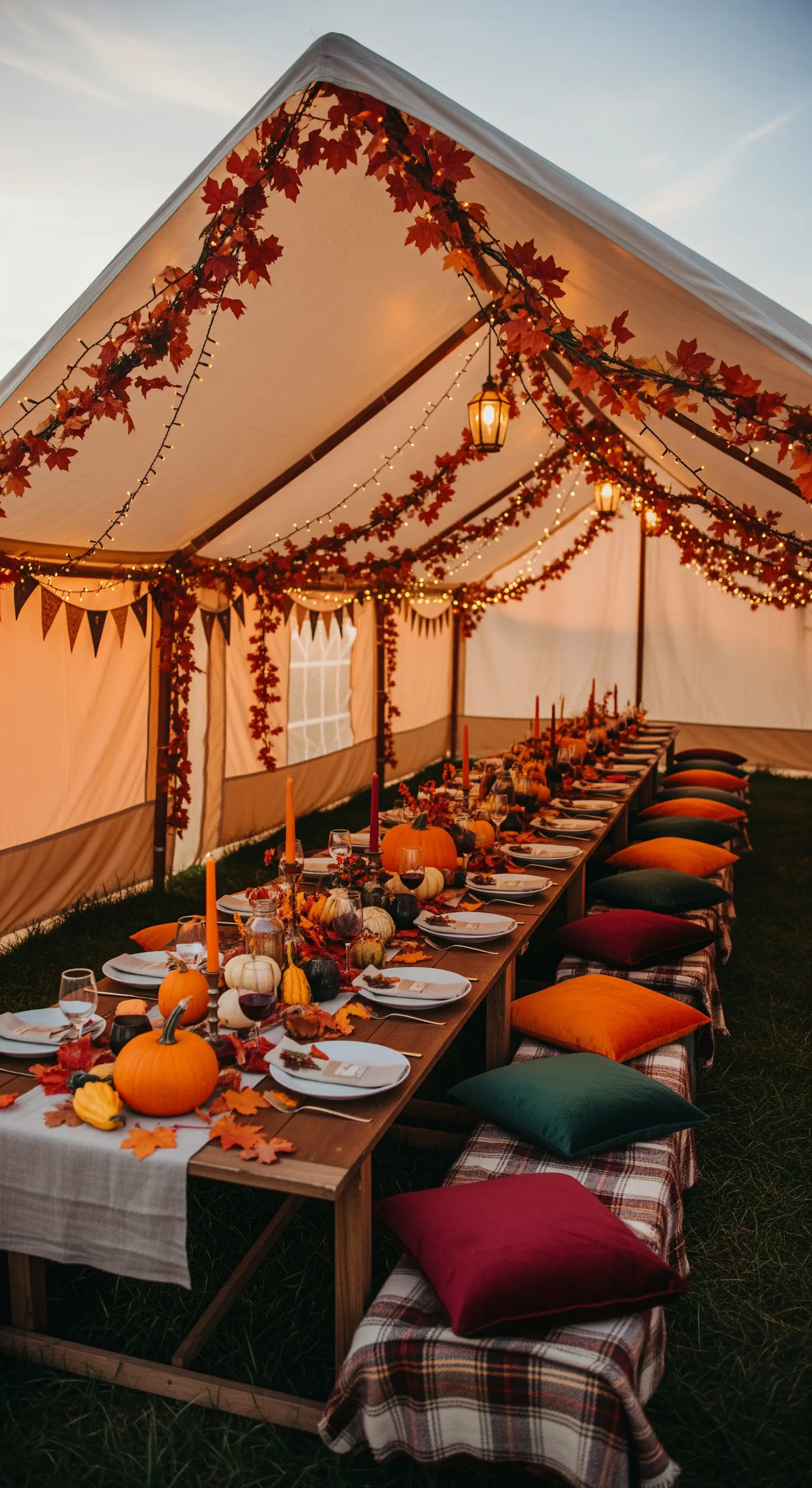 Lunga tavolata autunnale in una tenda, decorata con zucche, foglie rosse e lucine.