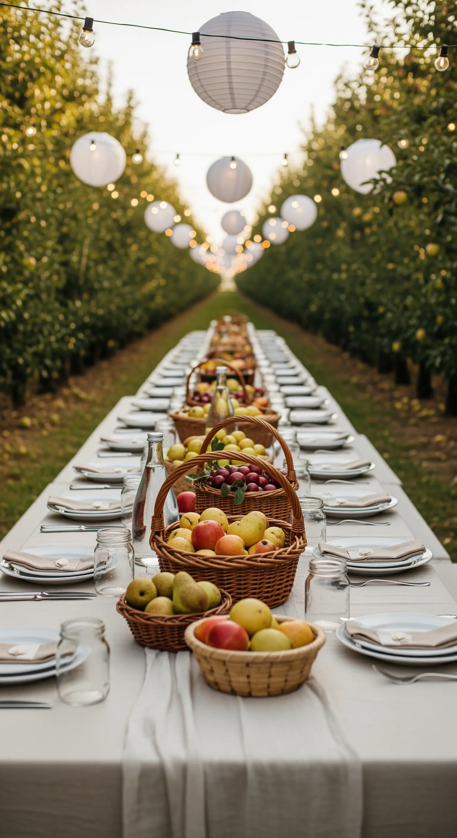 Tavola in un frutteto con cesti di frutta fresca come centrotavola.