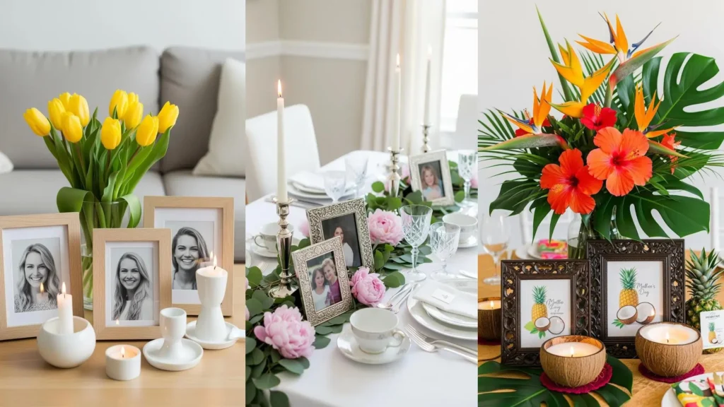 Bellissime decorazioni floreali, cornici con foto e candele profumate per una Festa della Mamma indimenticabile.