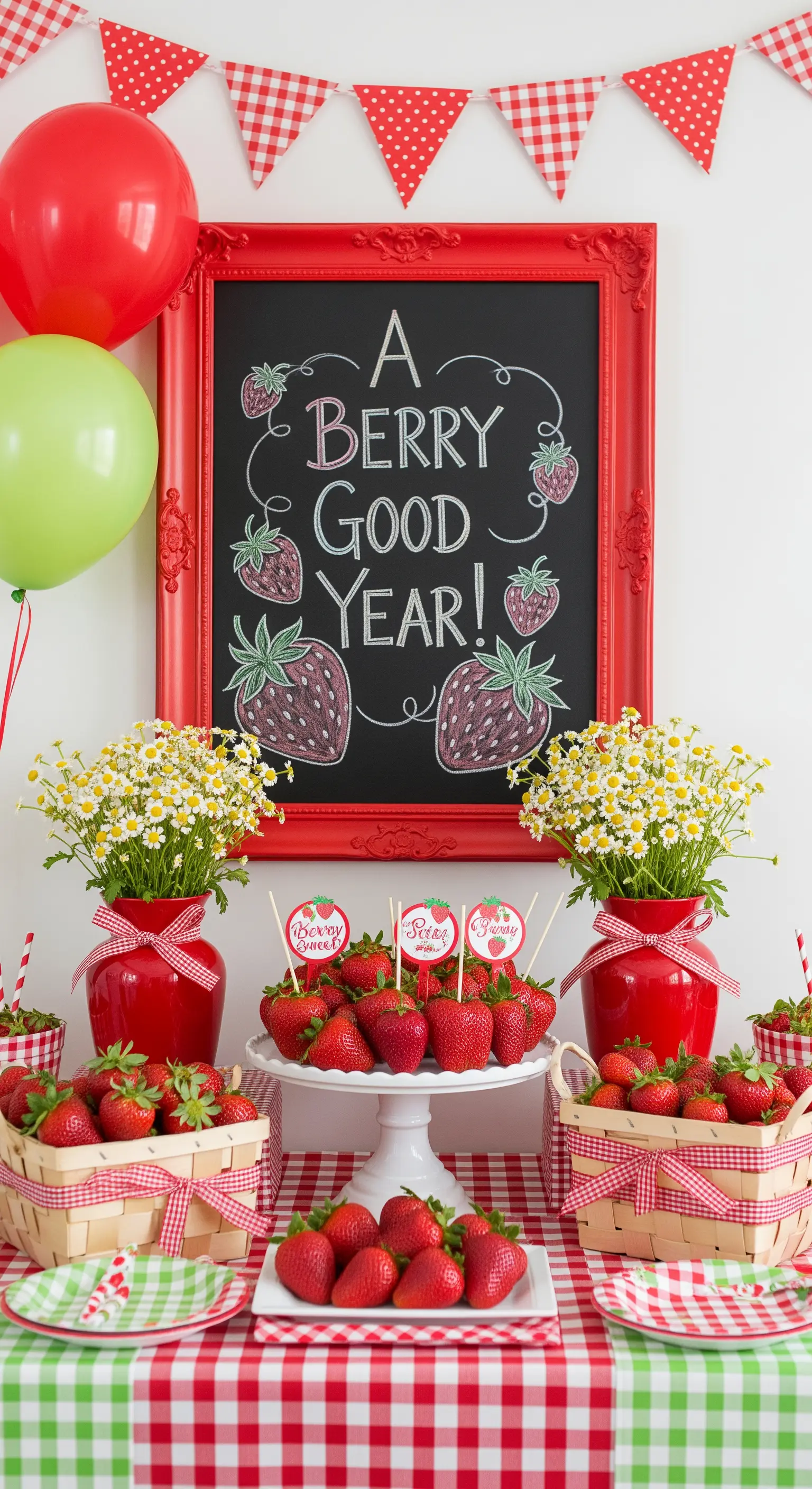 Buffet a tema fragole con decorazioni rosse e bianche, fiori e una lavagna illustrata.