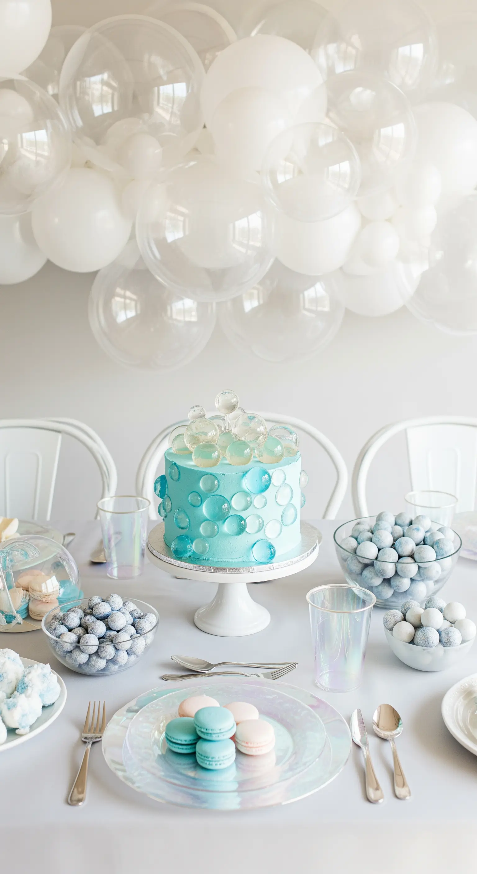 Tavola elegante con torta decorata con bolle di gelatina e palloncini trasparenti.