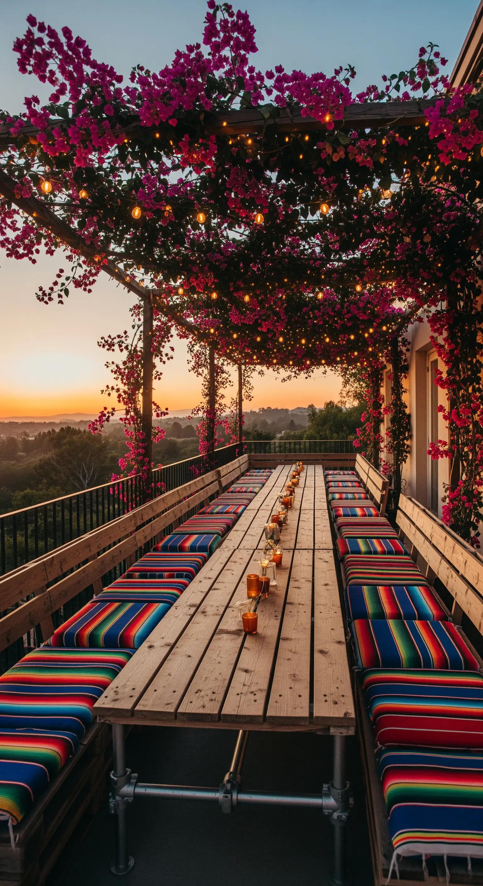 Lungo tavolo da pranzo con panche e cuscini a righe colorate sotto un tetto di bouganville.