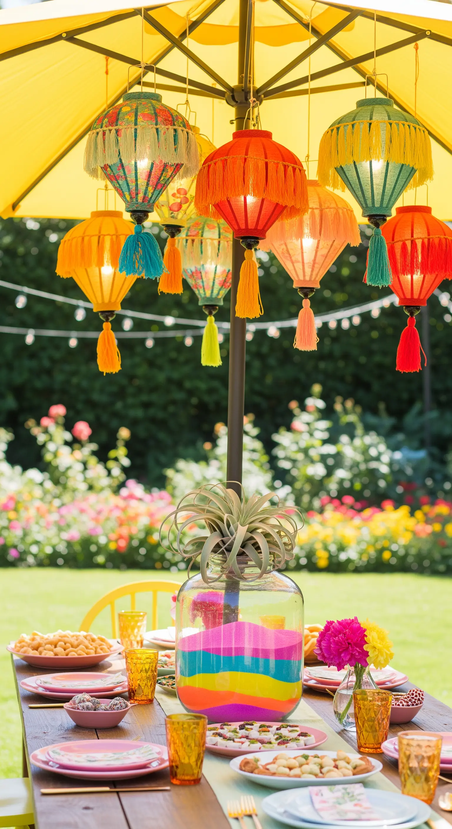 Tavola estiva all'aperto sotto un ombrellone giallo decorato con lanterne colorate.