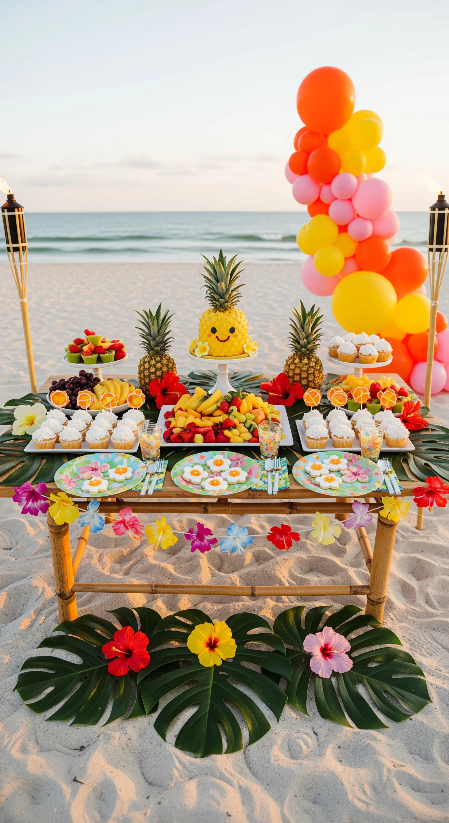 Festa tropicale in spiaggia con tavolo in bambù, ananas, fiori di ibisco e frutta fresca.