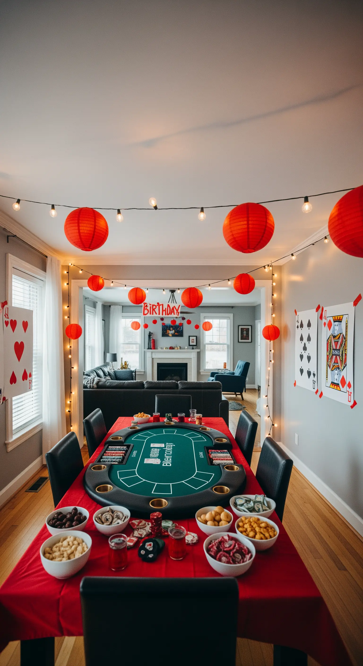 Soggiorno addobbato per una festa a tema casinò con lanterne rosse e tavolo da poker.