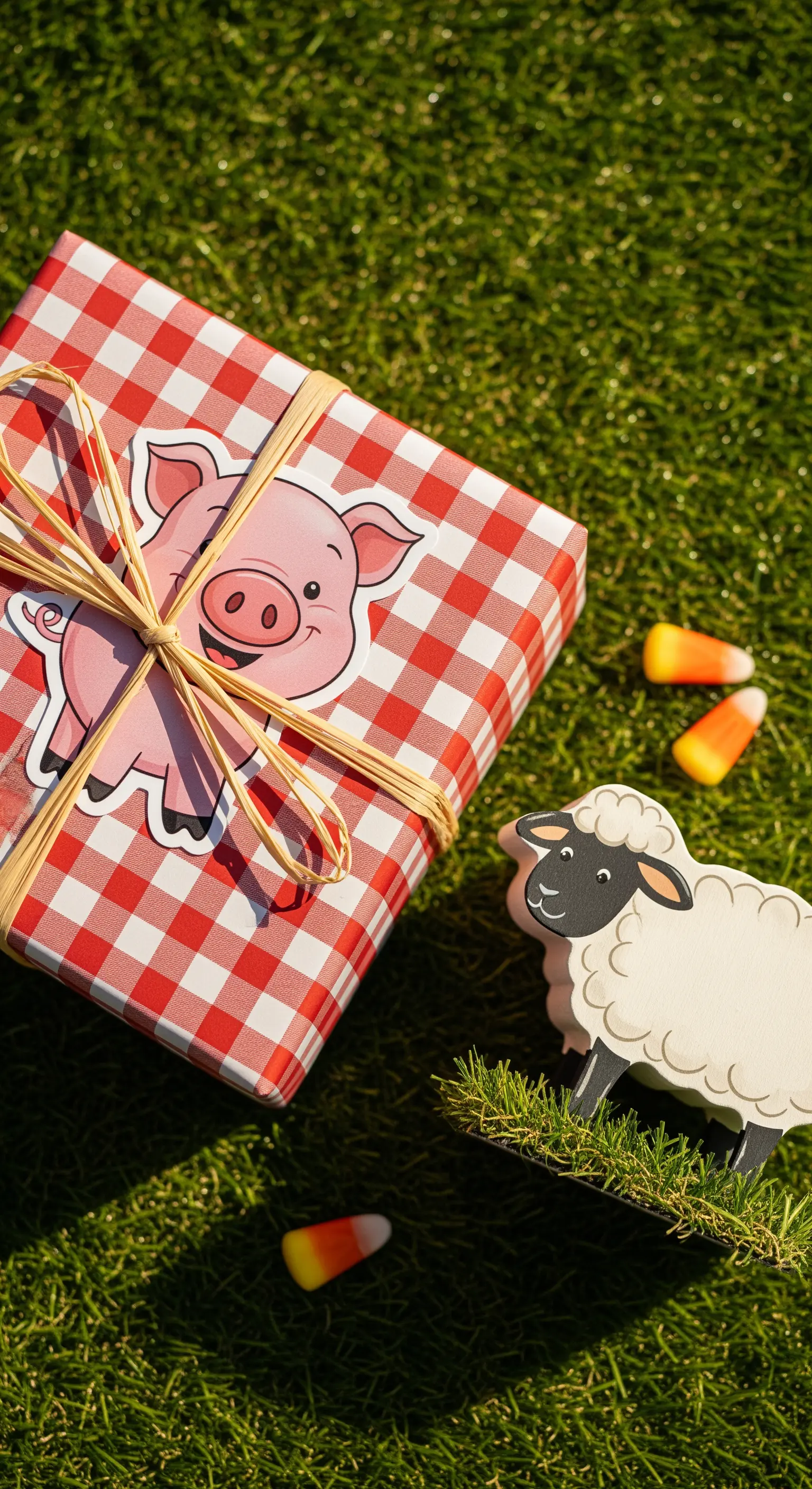 Pacchetto regalo a tema fattoria con carta a quadretti rossi e un adesivo a forma di maialino.