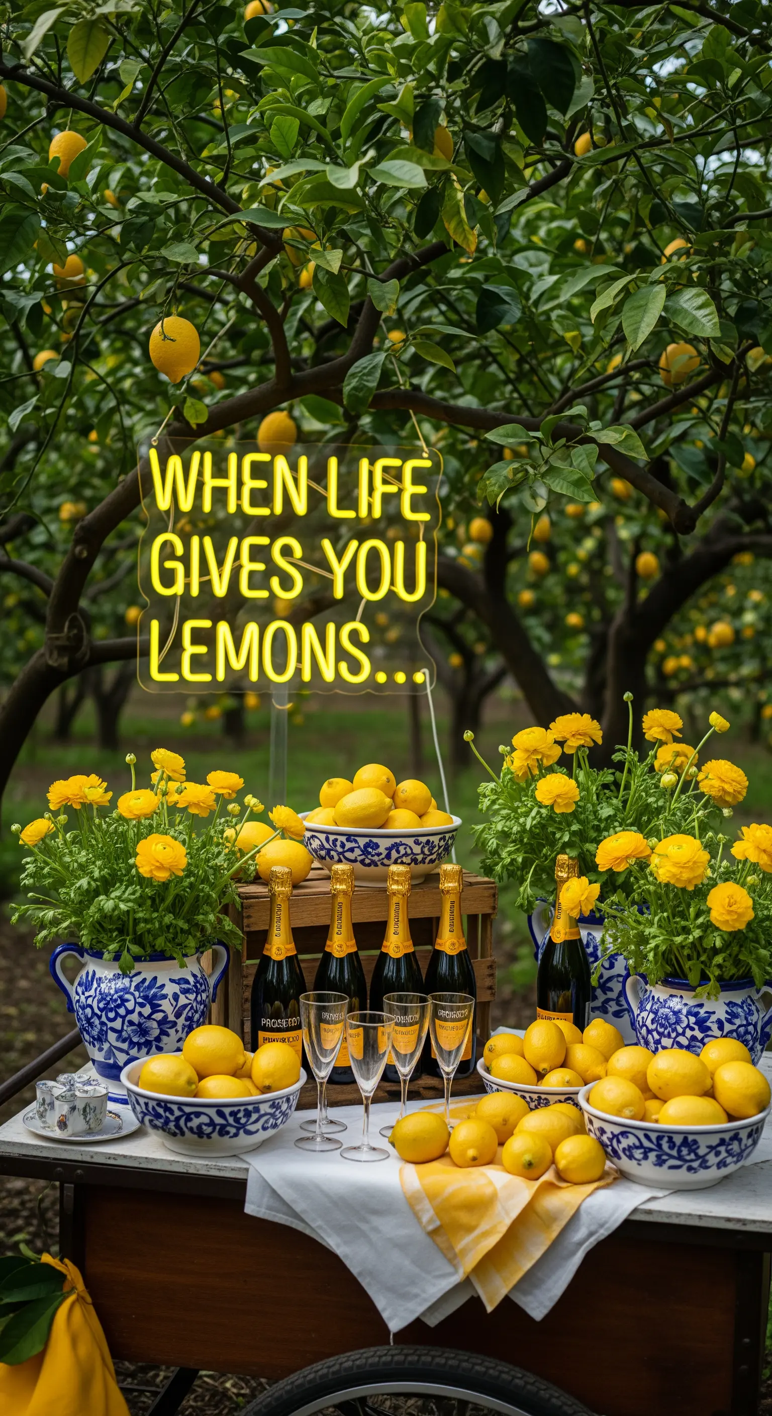 Angolo bar in un limoneto con ceste di limoni e insegna al neon a tema.