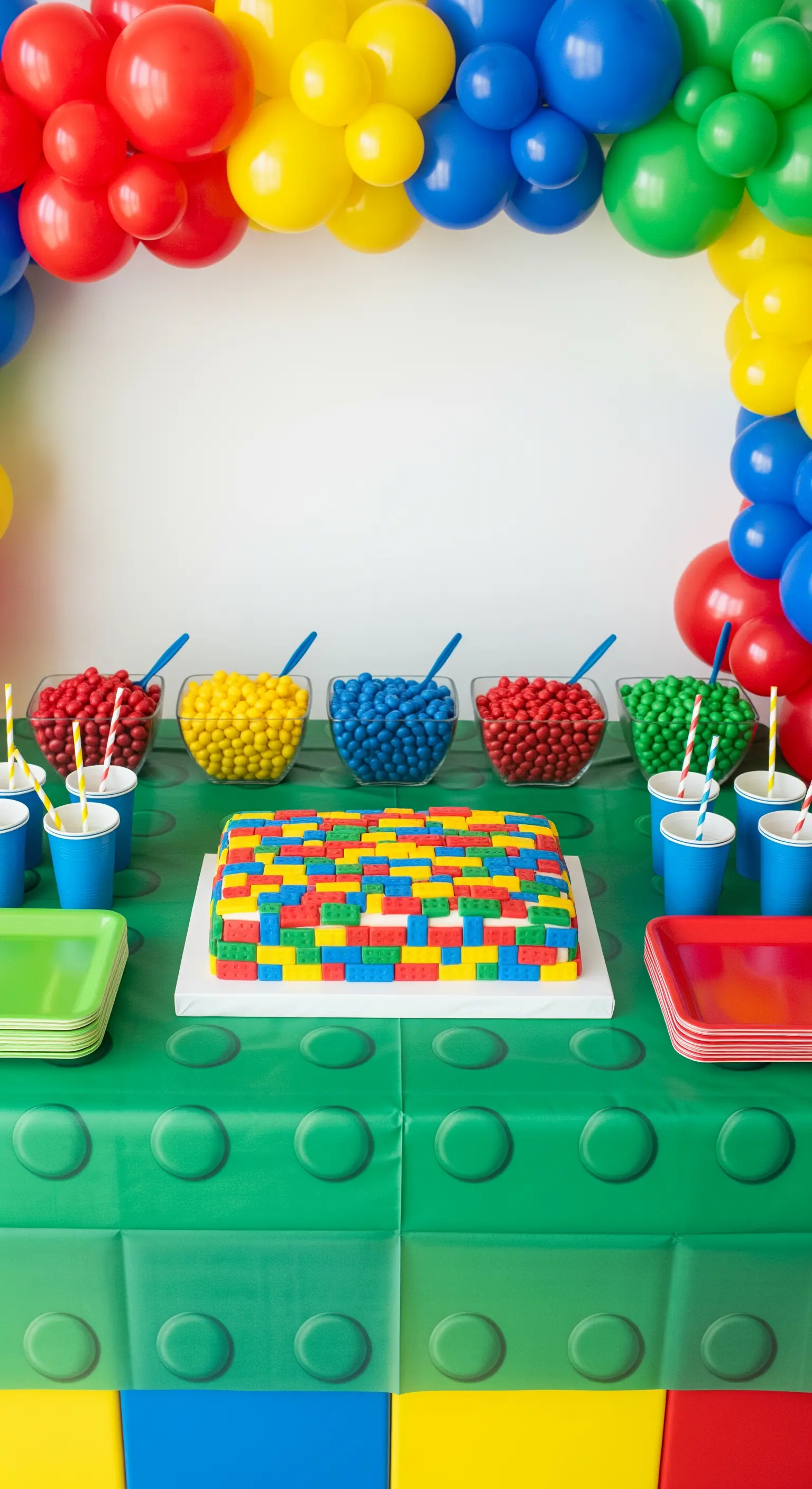 Tavola a tema LEGO con tovaglia a incastro, torta a mattoncini e caramelle colorate.