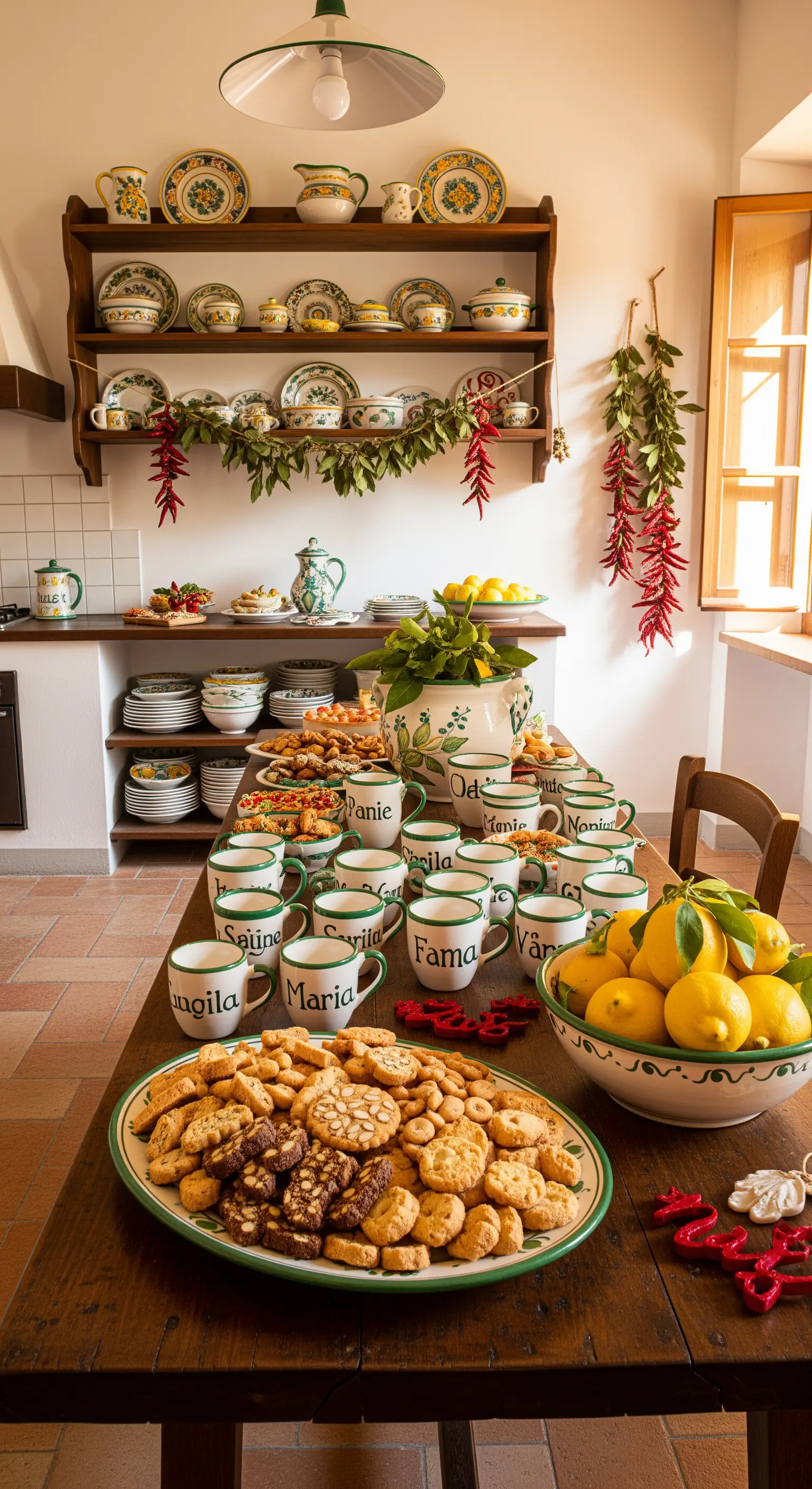 Lunga tavola in legno imbandita con ceramiche decorate, biscotti, agrumi e tazze personalizzate.