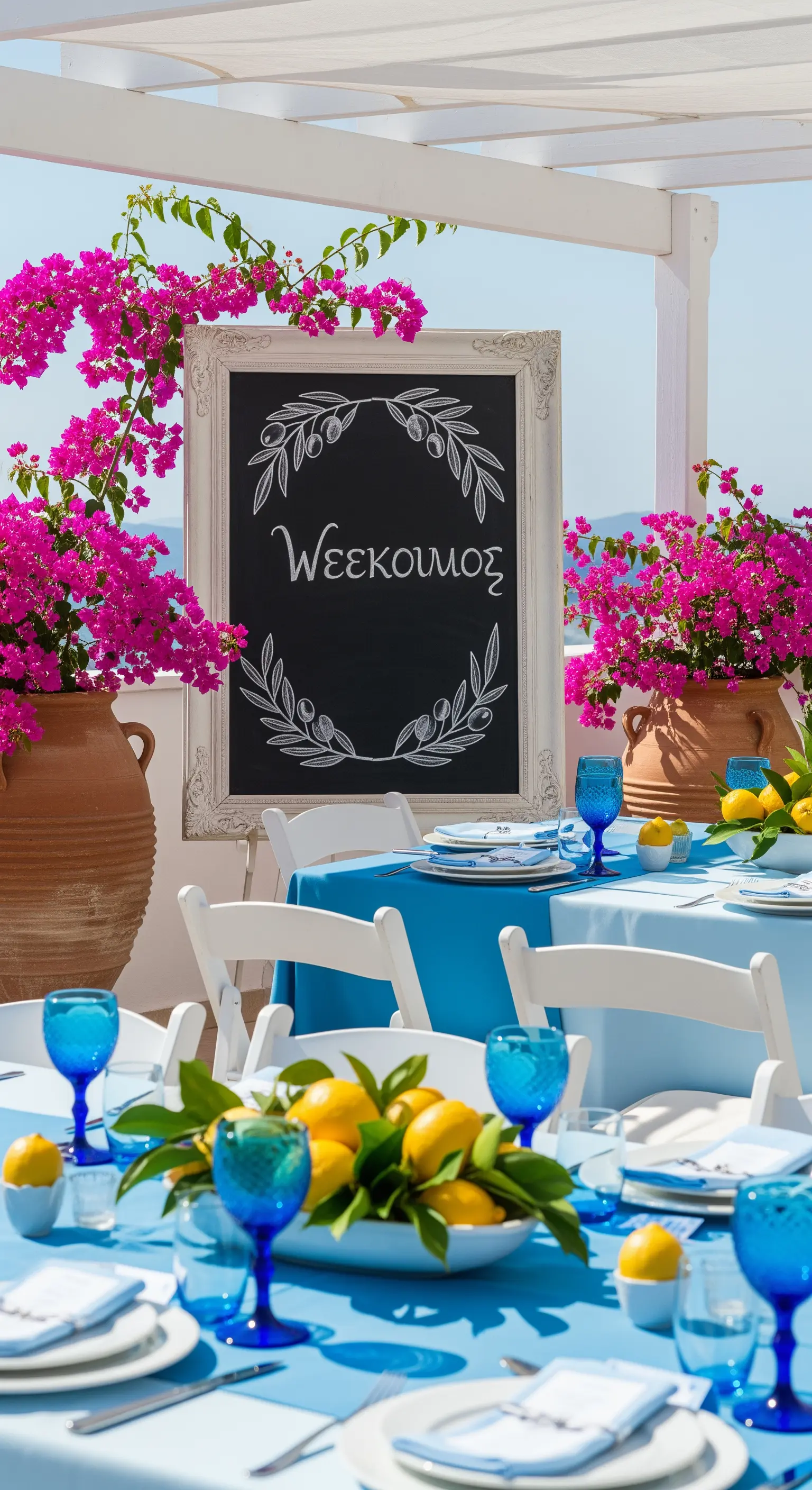 Tavola allestita in stile greco con tovaglia blu, bouganville e centrotavola di limoni.