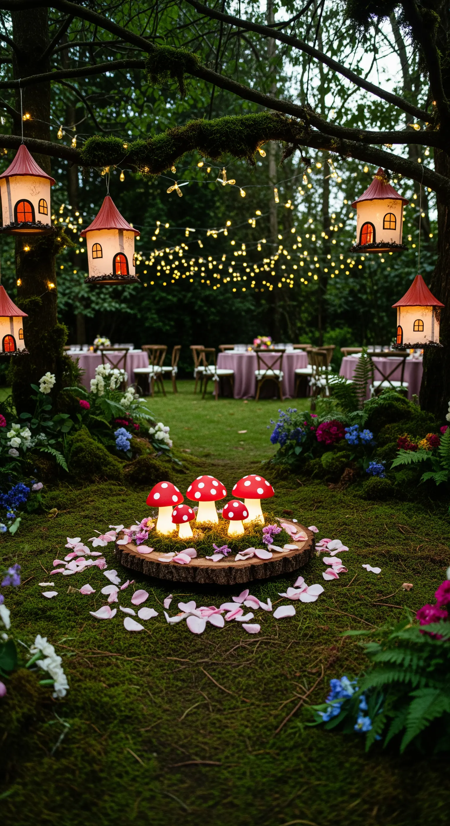 Allestimento a tema bosco incantato con funghi e casette luminose appese agli alberi.